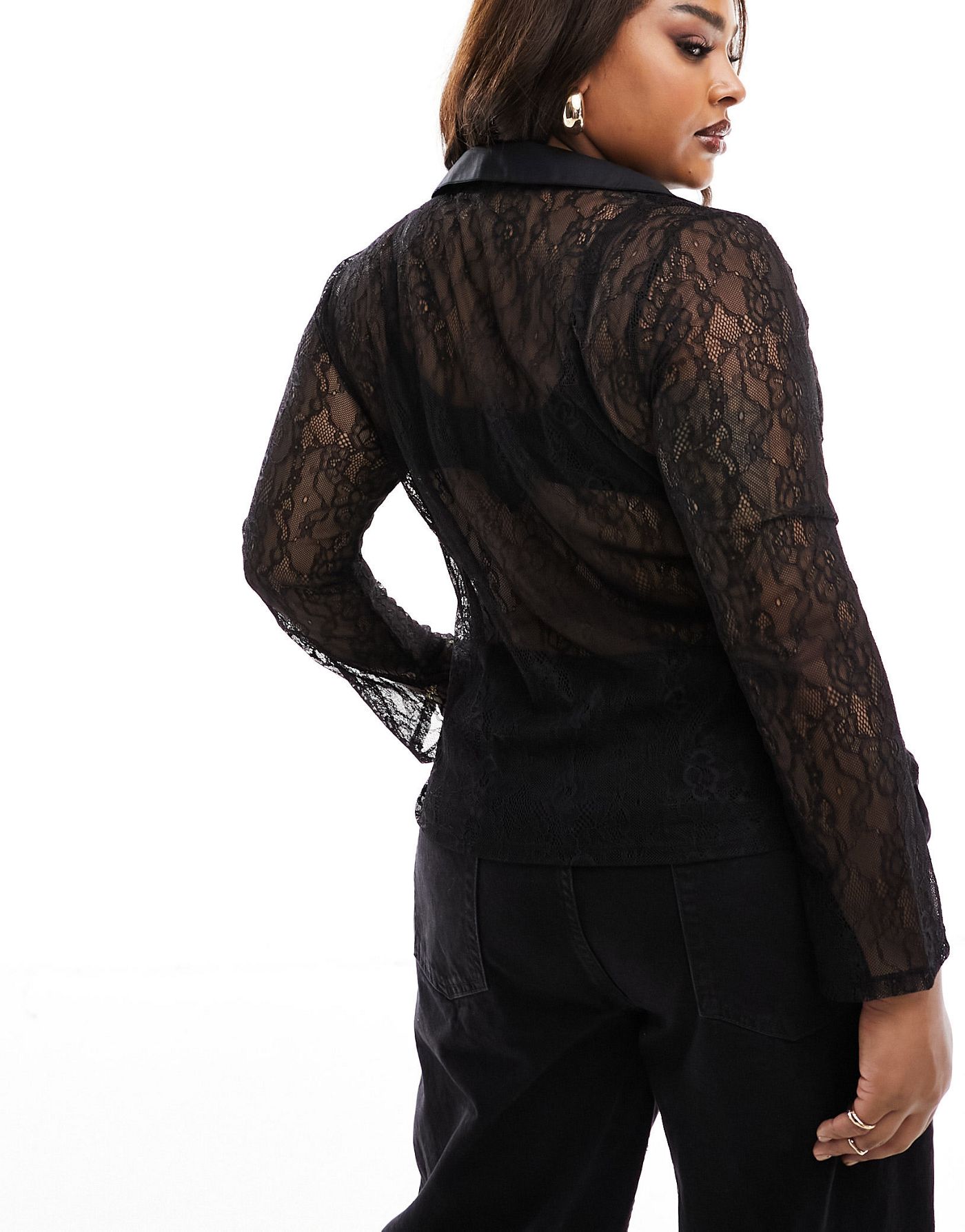 ASOS DESIGN Curve ruched front hook and eye lace shirt in black