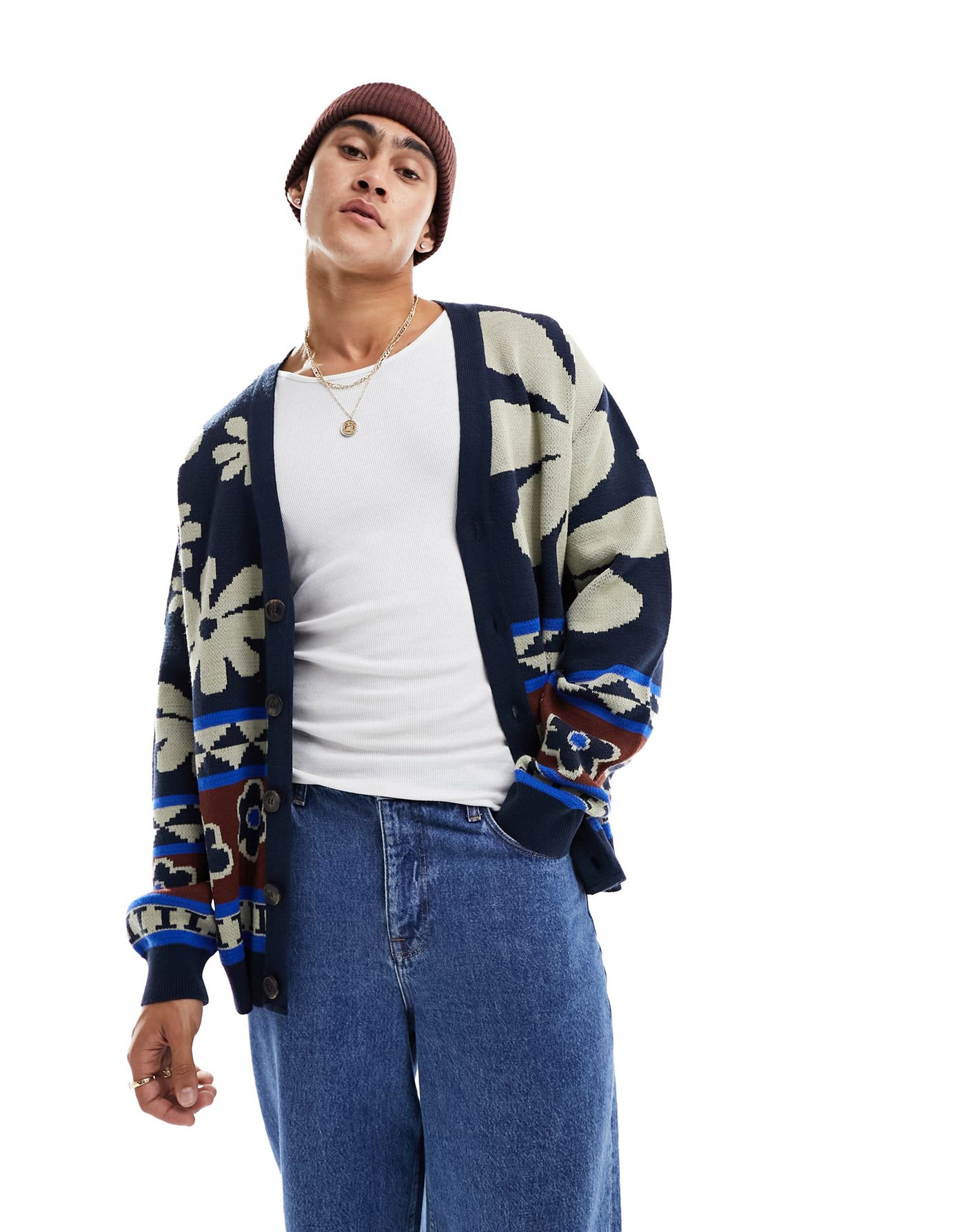 ASOS DESIGN knitted relaxed cardigan in navy with floral design