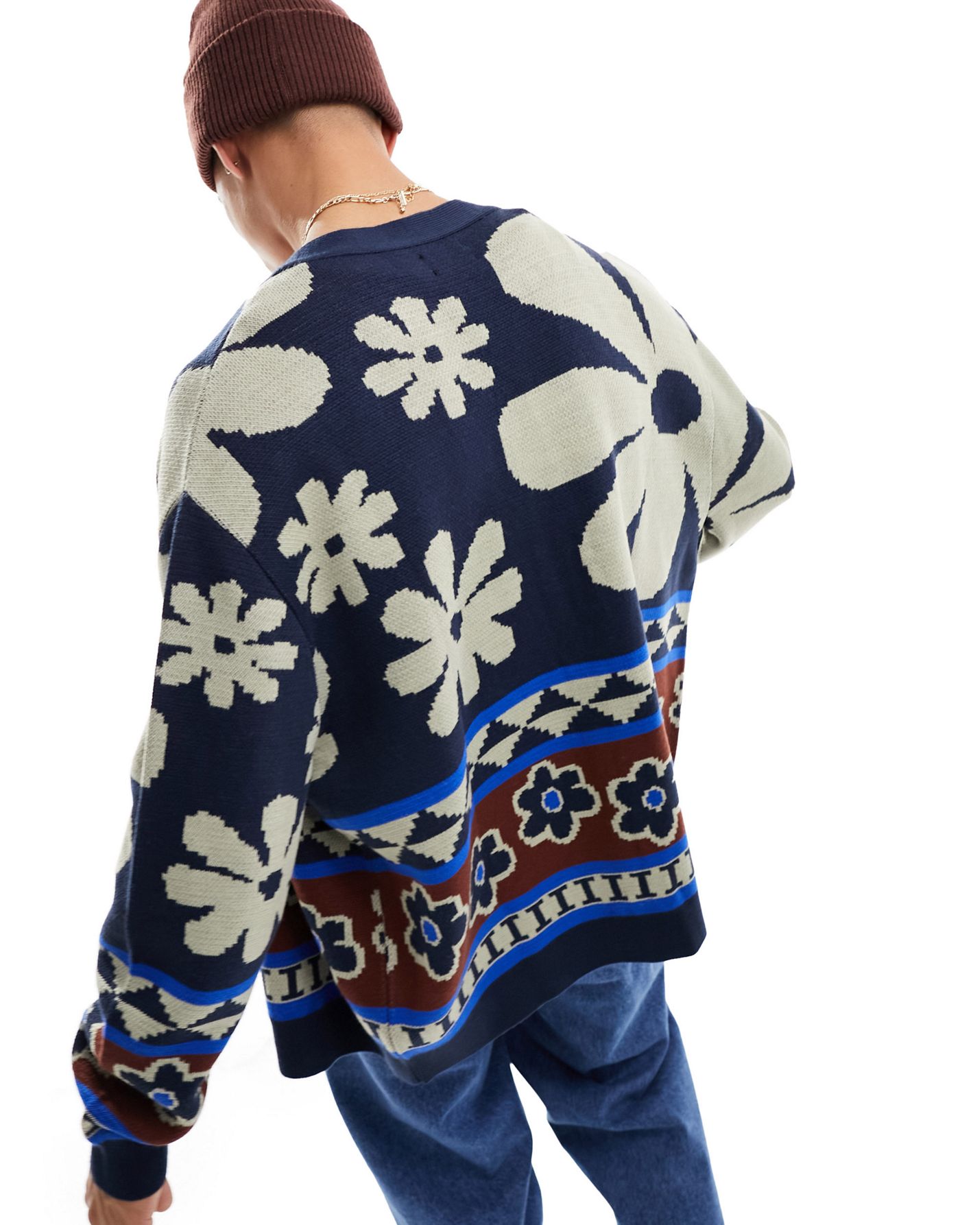 ASOS DESIGN knitted relaxed cardigan in navy with floral design
