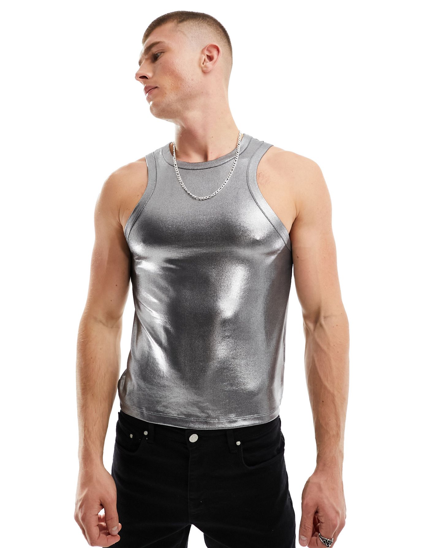 ASOS DESIGN muscle fit vest in silver metallic