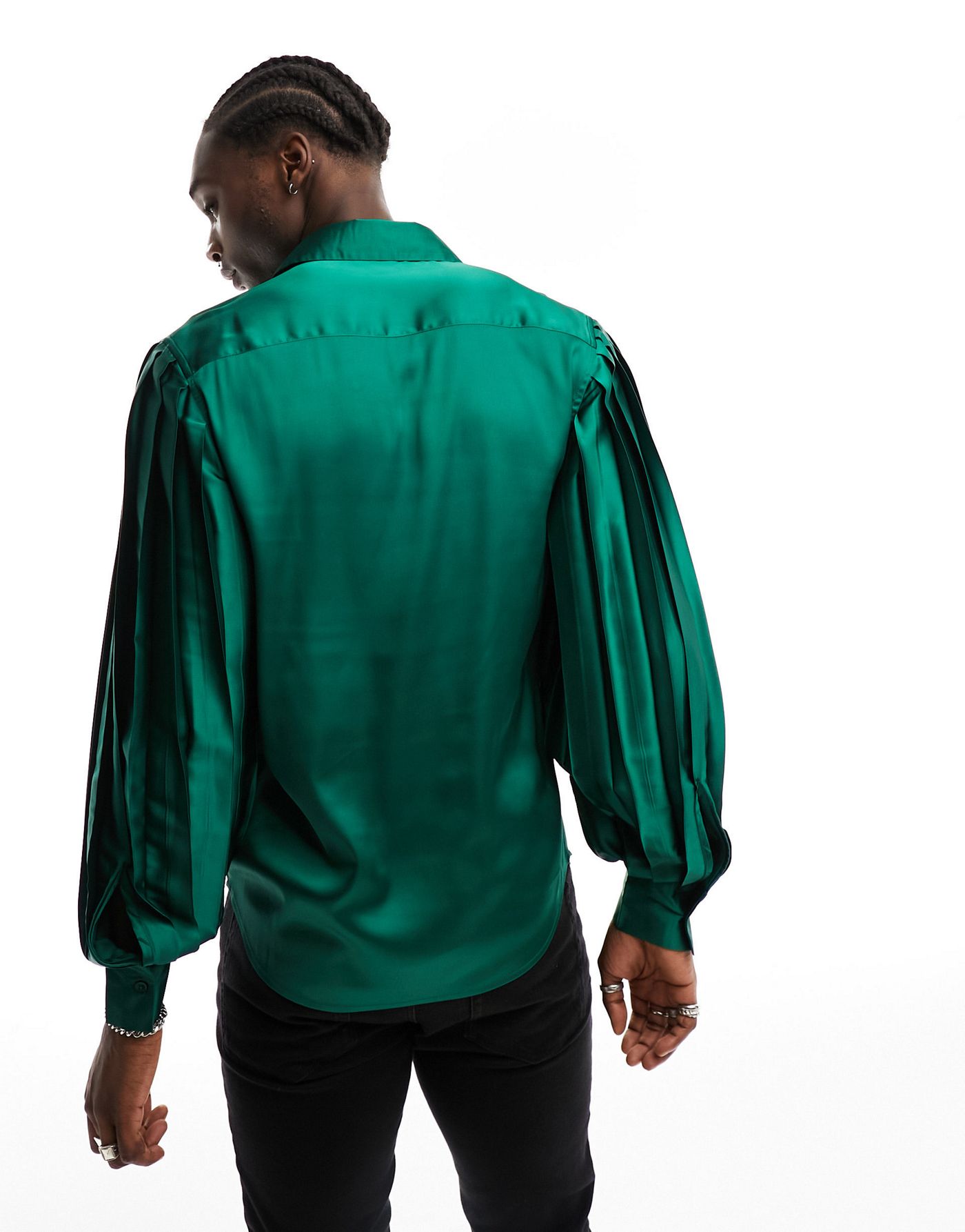 ASOS DESIGN regular shirt with pleated volume sleeve in satin in green