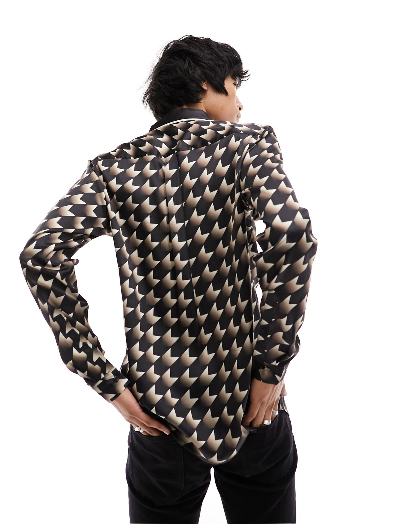 ASOS DESIGN regular shirt with 70s collar in satin geo print in brown