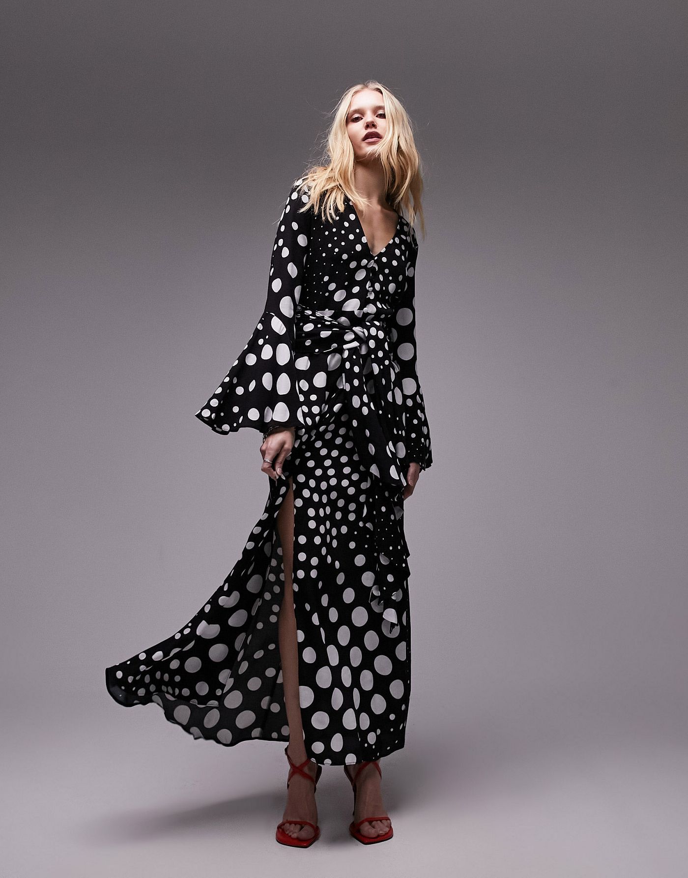 Topshop button down v neck tie front midi dress in polka dot print