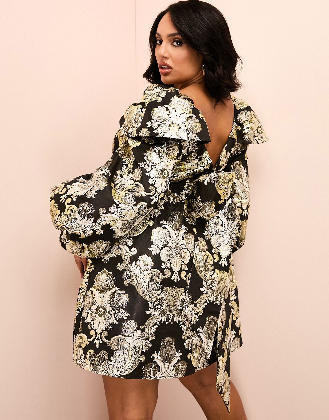 ASOS LUXE Curve jacquard baby doll mini dress with puff sleeves in black and gold