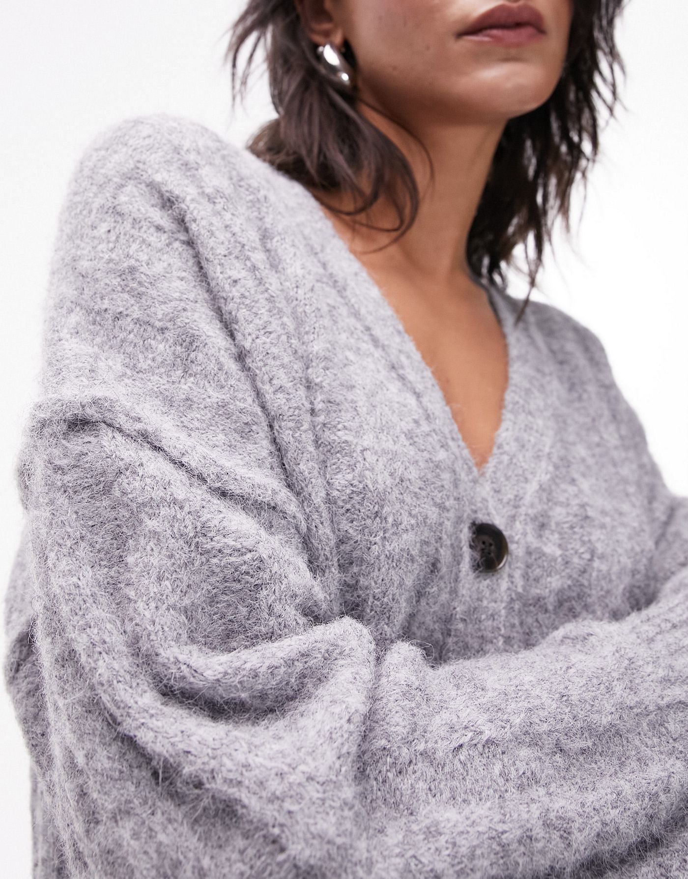 Topshop knitted fluffy v-neck cardigan in grey