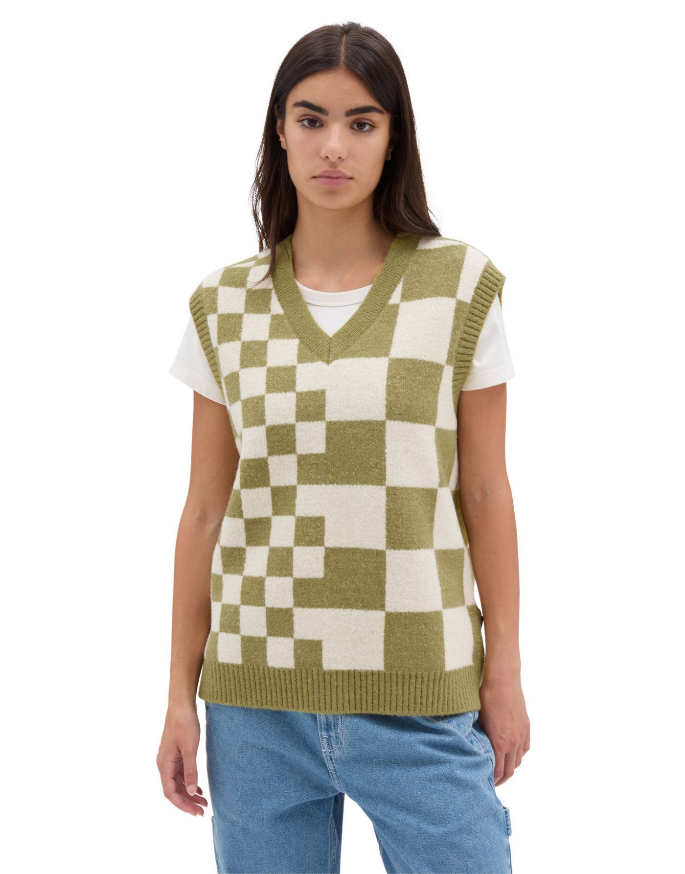 Vans Courtyard checker sweater vest in green olive