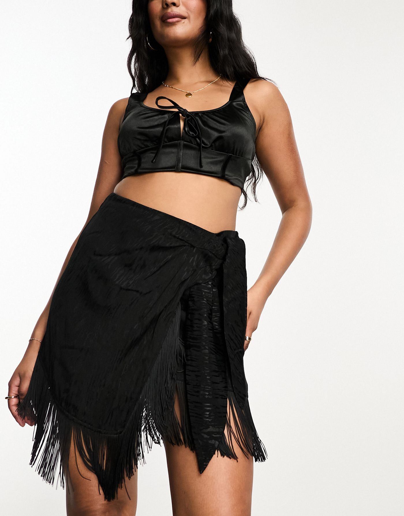 Edited satin jacquard fringe mini skirt in black