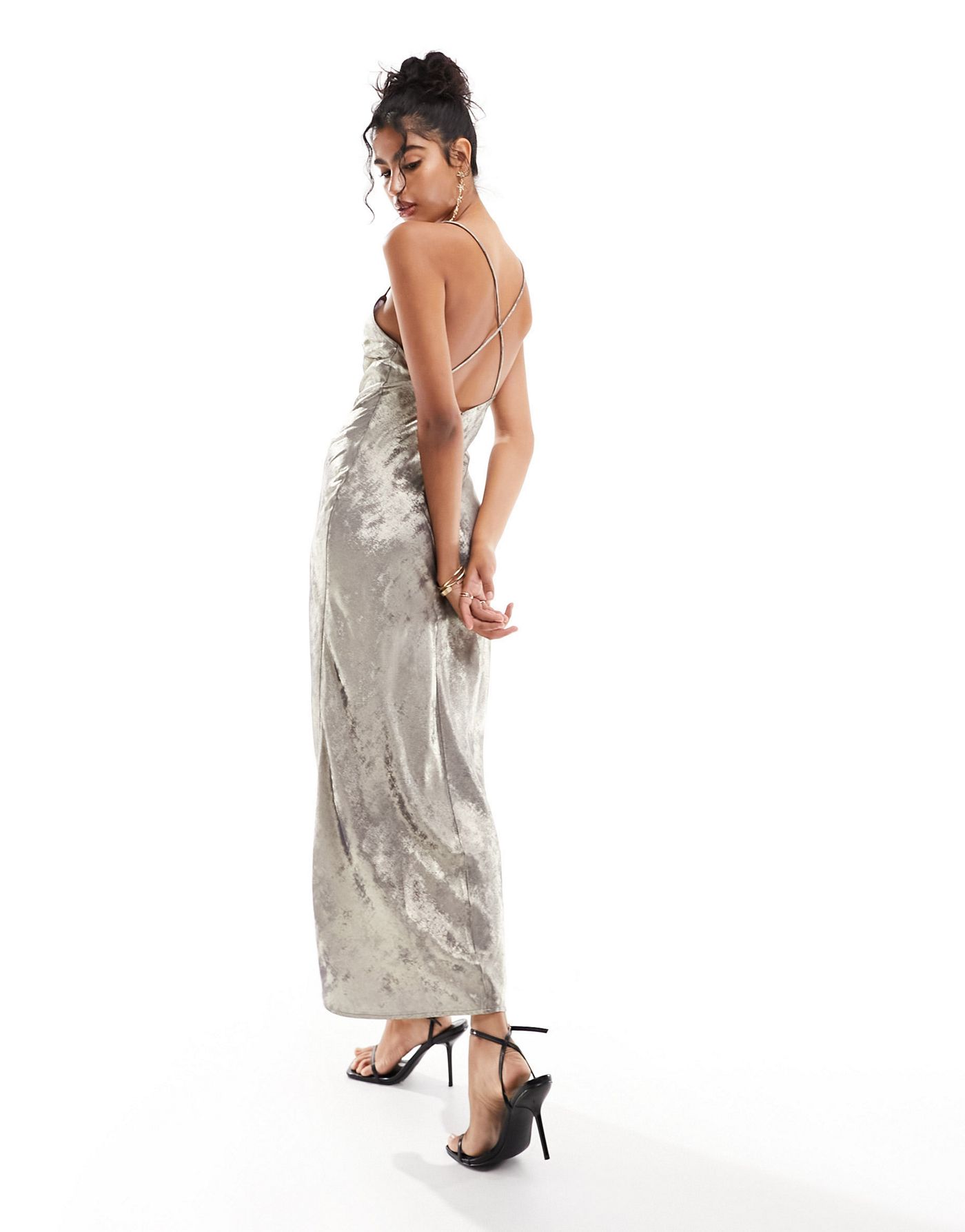 Miss Selfridge metallic maxi slip dress in silver