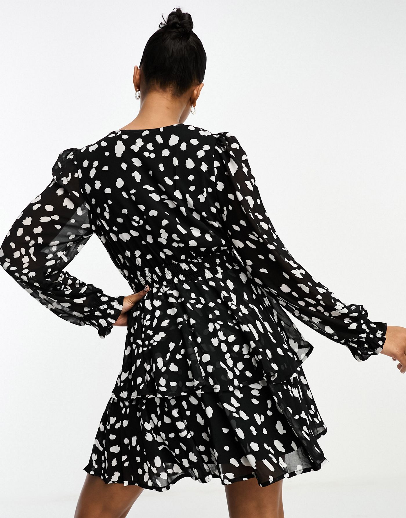 New Look tiered chiffon mini dress in black spot print