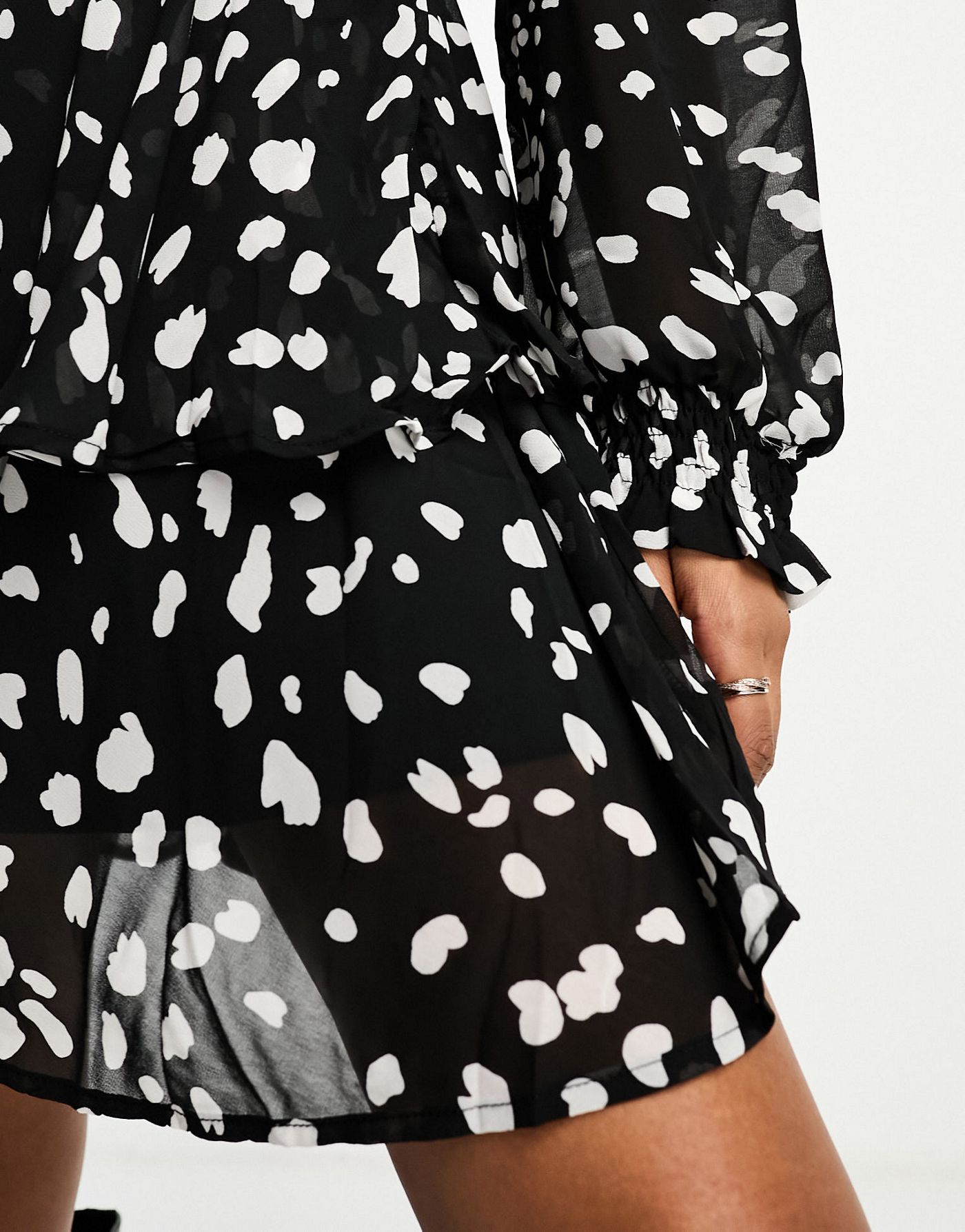 New Look tiered chiffon mini dress in black spot print