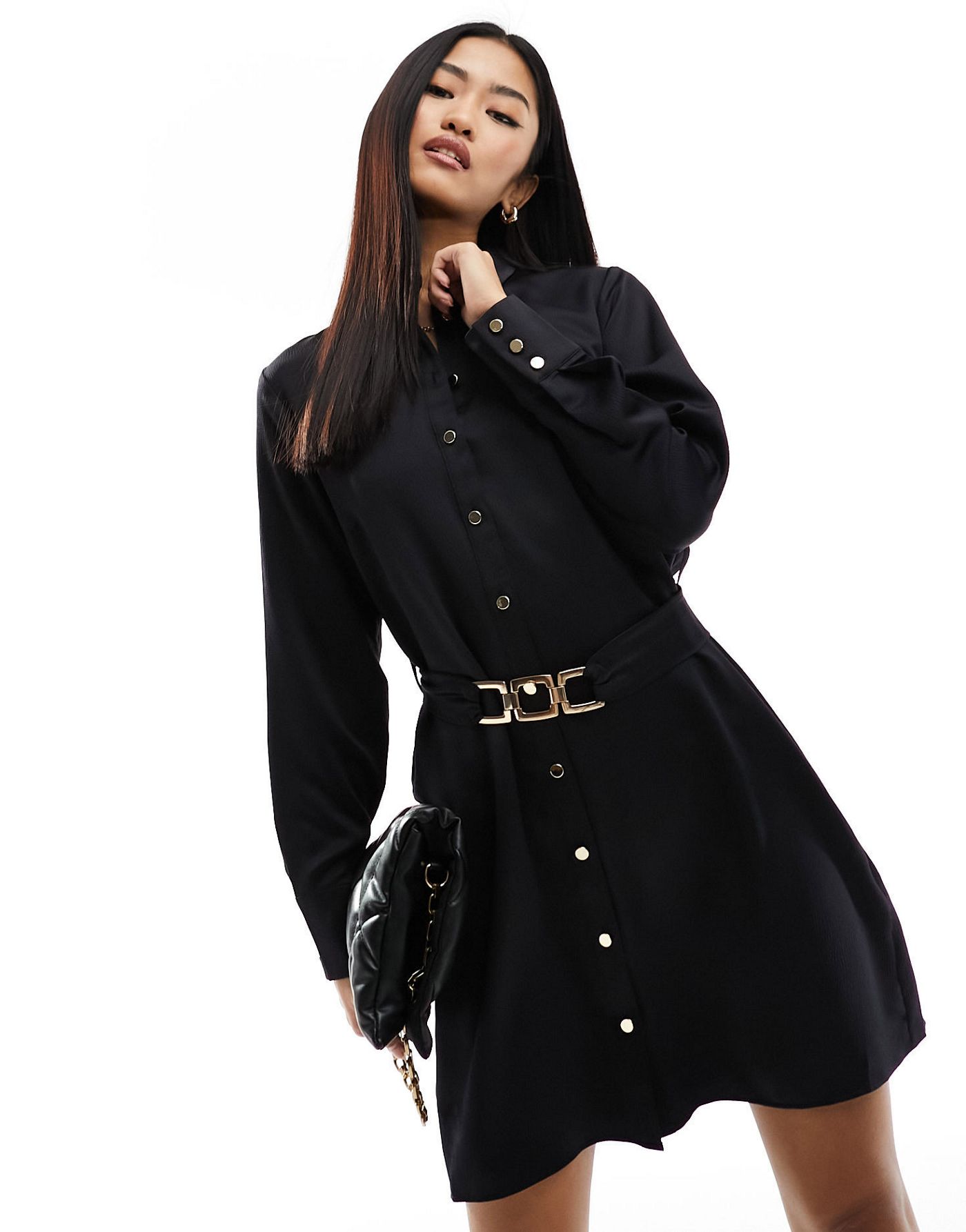 New Look satin mini shirt dress with buckle detail belt in black
