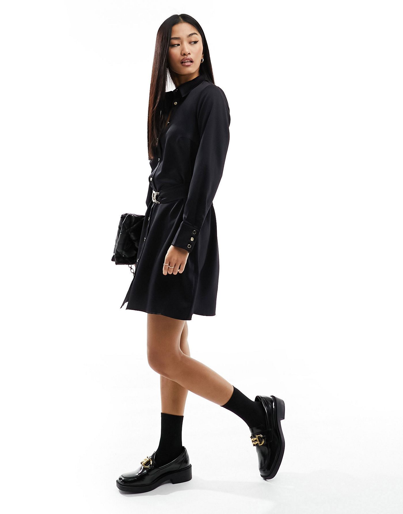 New Look satin mini shirt dress with buckle detail belt in black