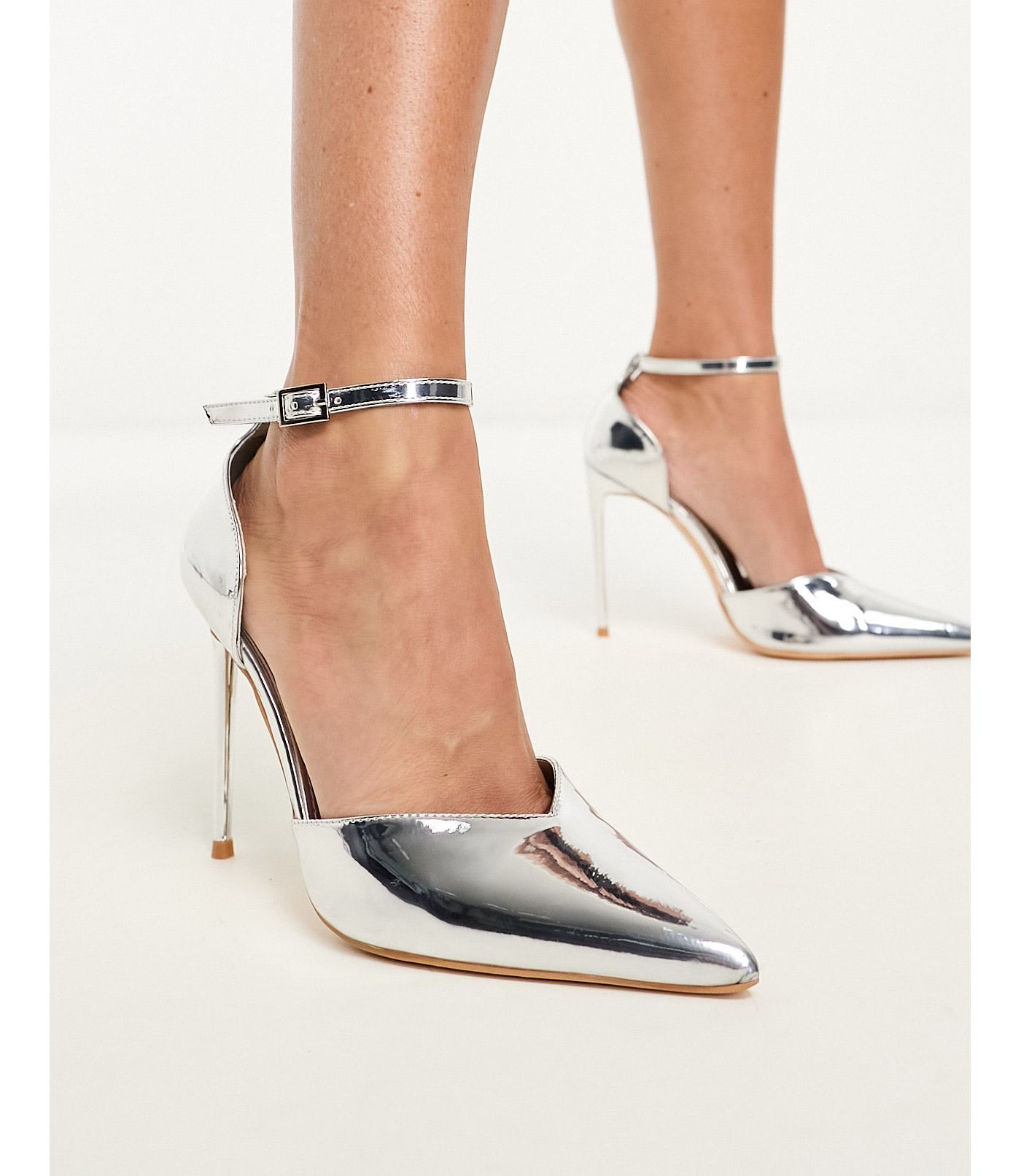 Public Desire Wide Fit Manifest mirrored heeled shoe in silver