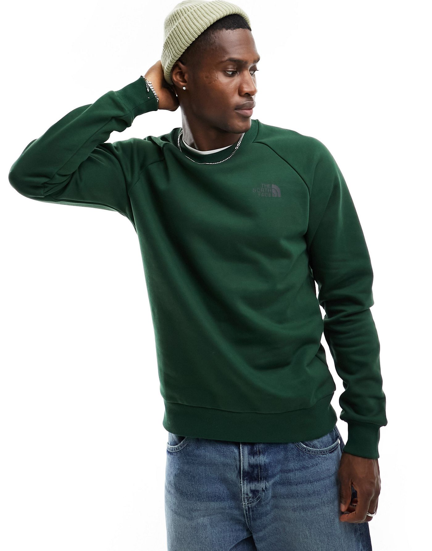 The North Face Redbox raglan sleeve back print fleece sweatshirt in pine green