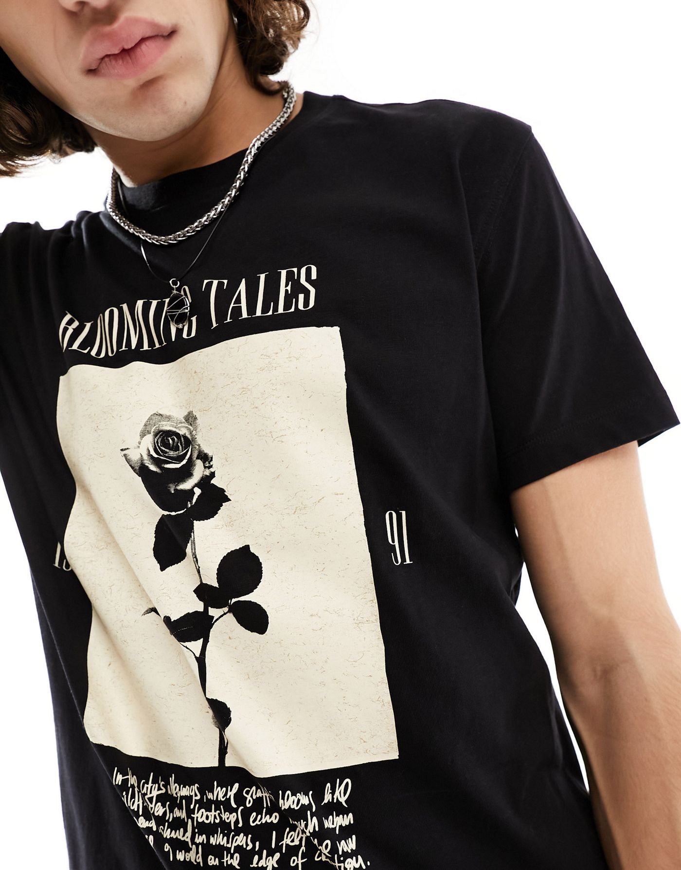 Bershka floral box printed t-shirt in black