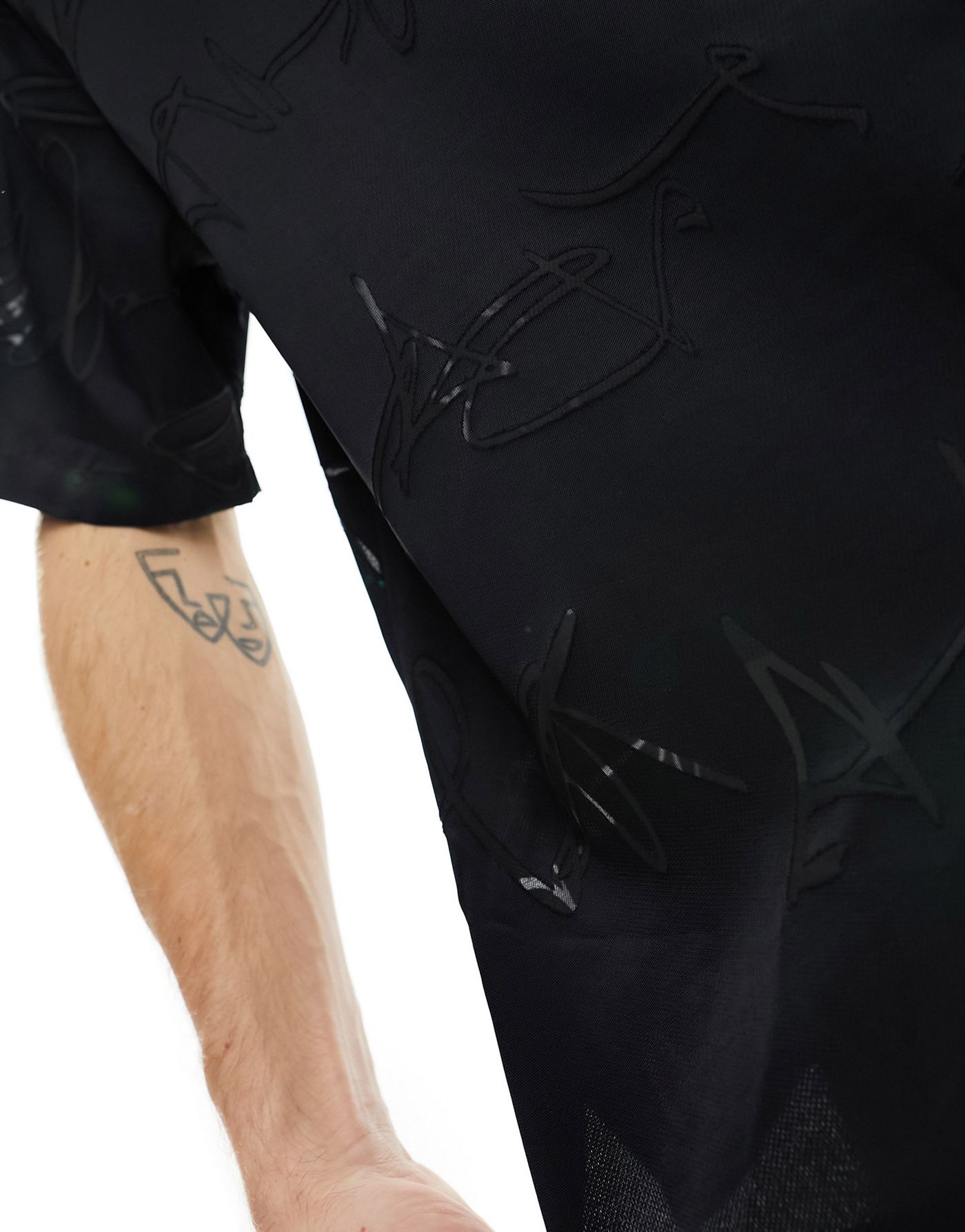 Bershka tonal embroidered satin shirt in black