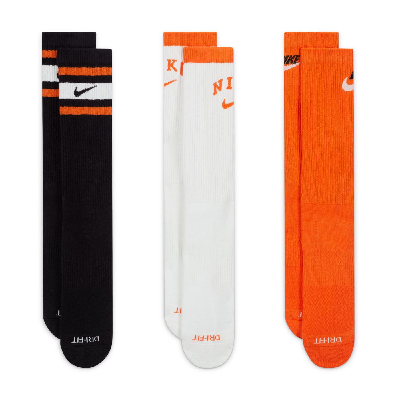 Nike Training unisex cushioned 3 pack logo crew sock in black,white and orange