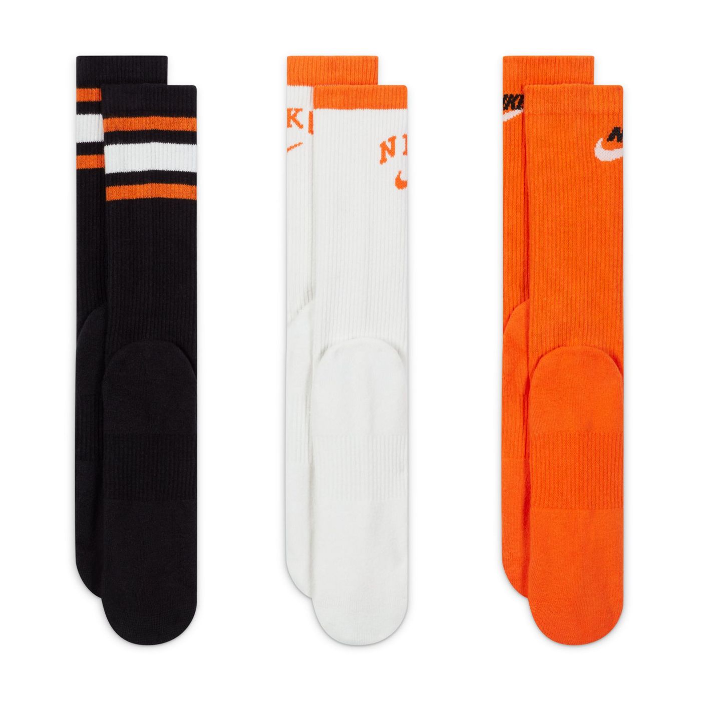 Nike Training unisex cushioned 3 pack logo crew sock in black,white and orange