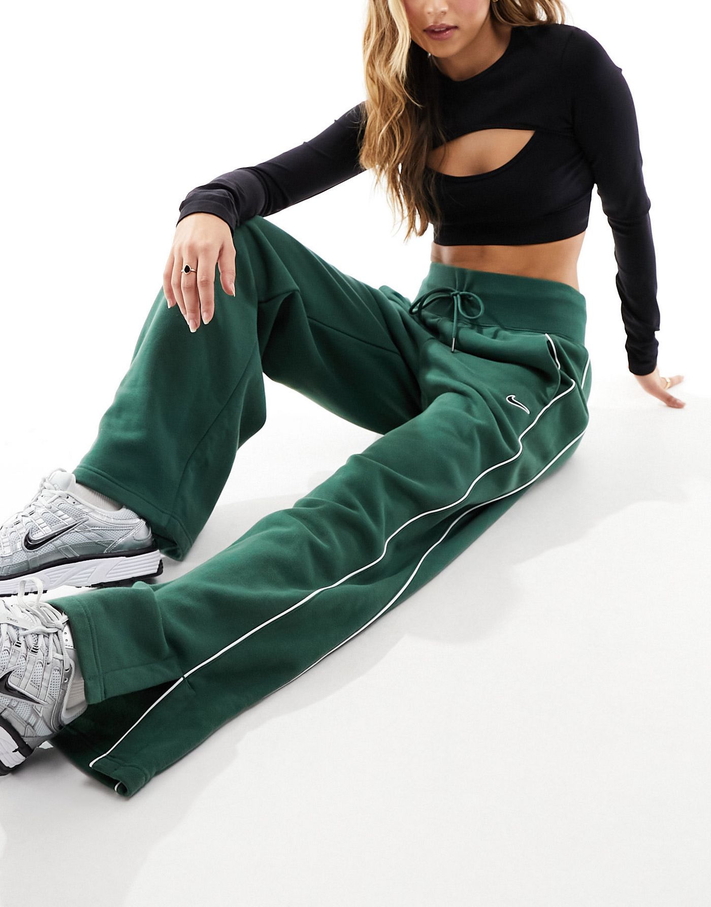 Nike Streetwear oversized fleece wide leg jogger in dark green