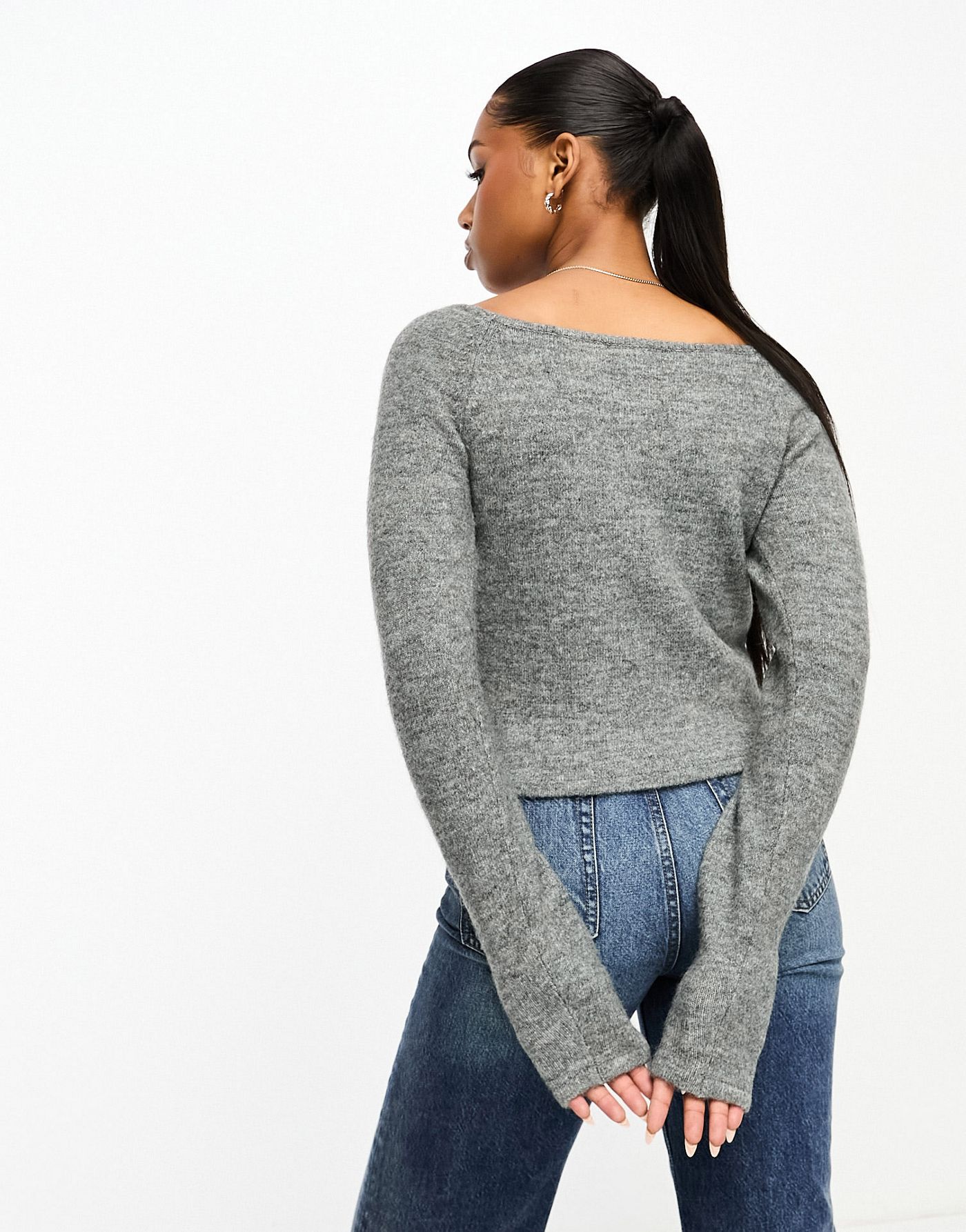 Monki knitted long sleeve boat neck top in grey marl