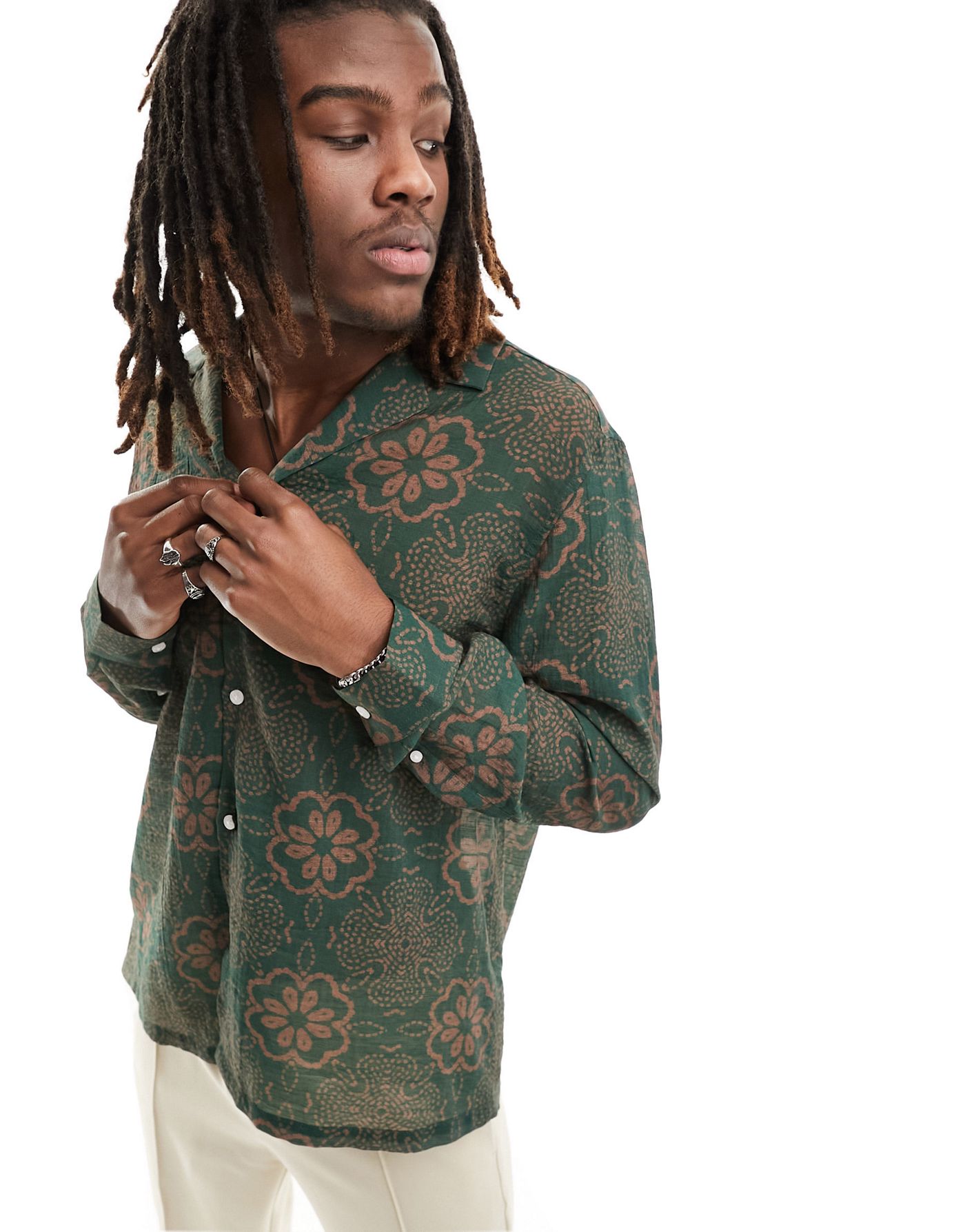 ASOS DESIGN relaxed deep revere shirt in green floral print