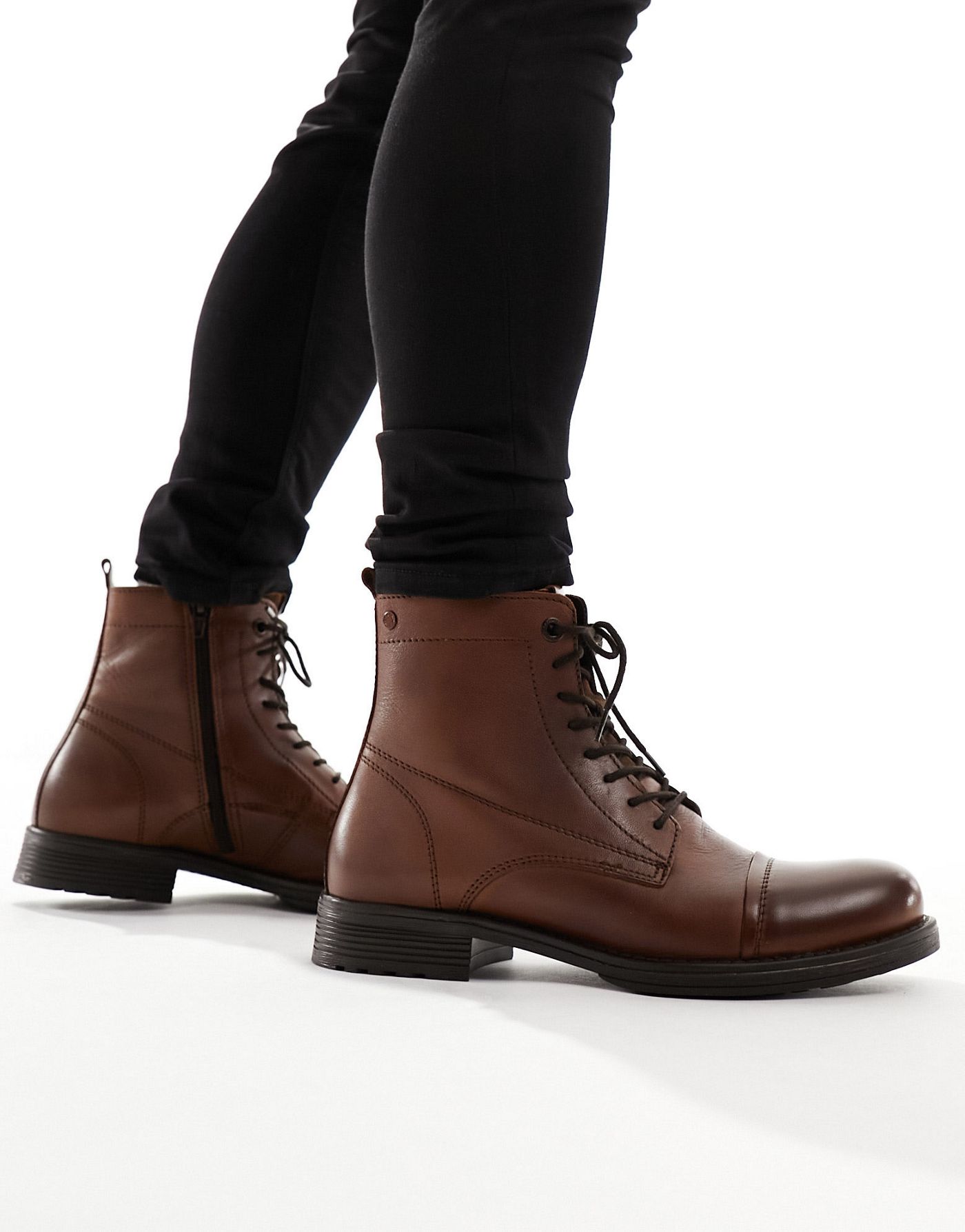 Jack & Jones leather lace up boot in brown