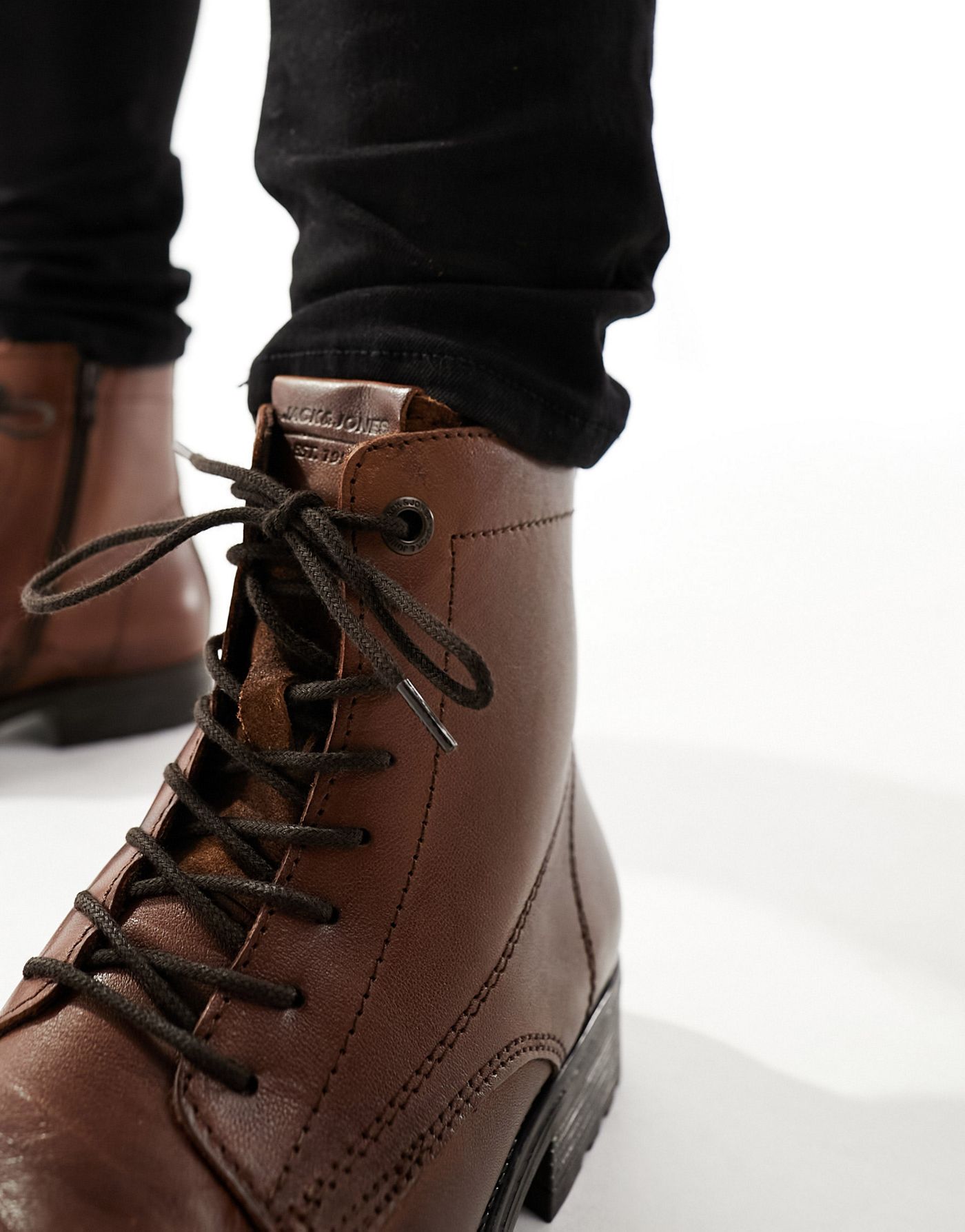 Jack & Jones leather lace up boot in brown