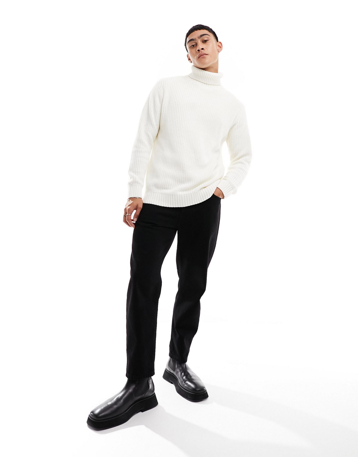 Pull&Bear cable knit roll neck jumper in ice