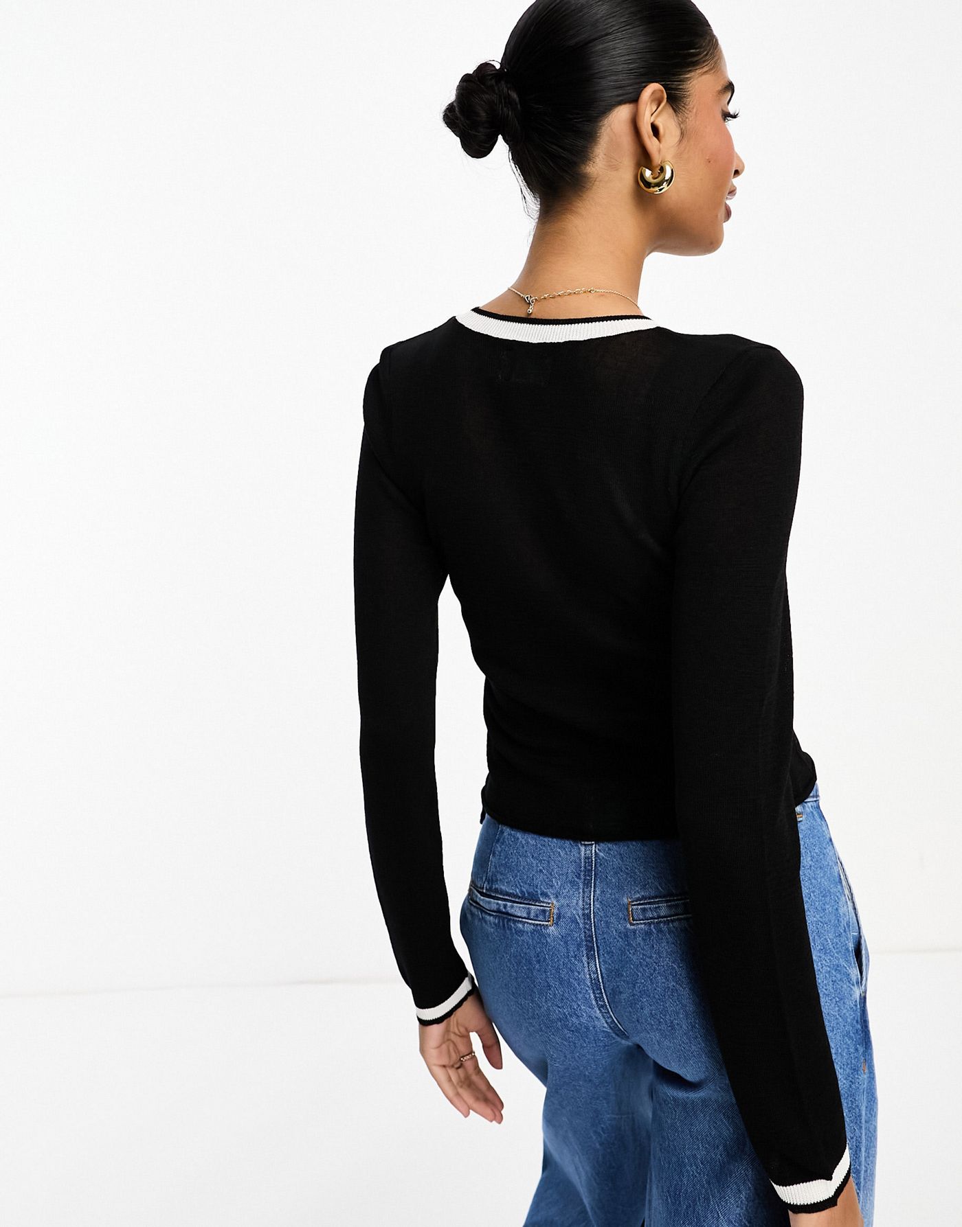 ASOS DESIGN crew neck sheer jumper with contrast tipping in black
