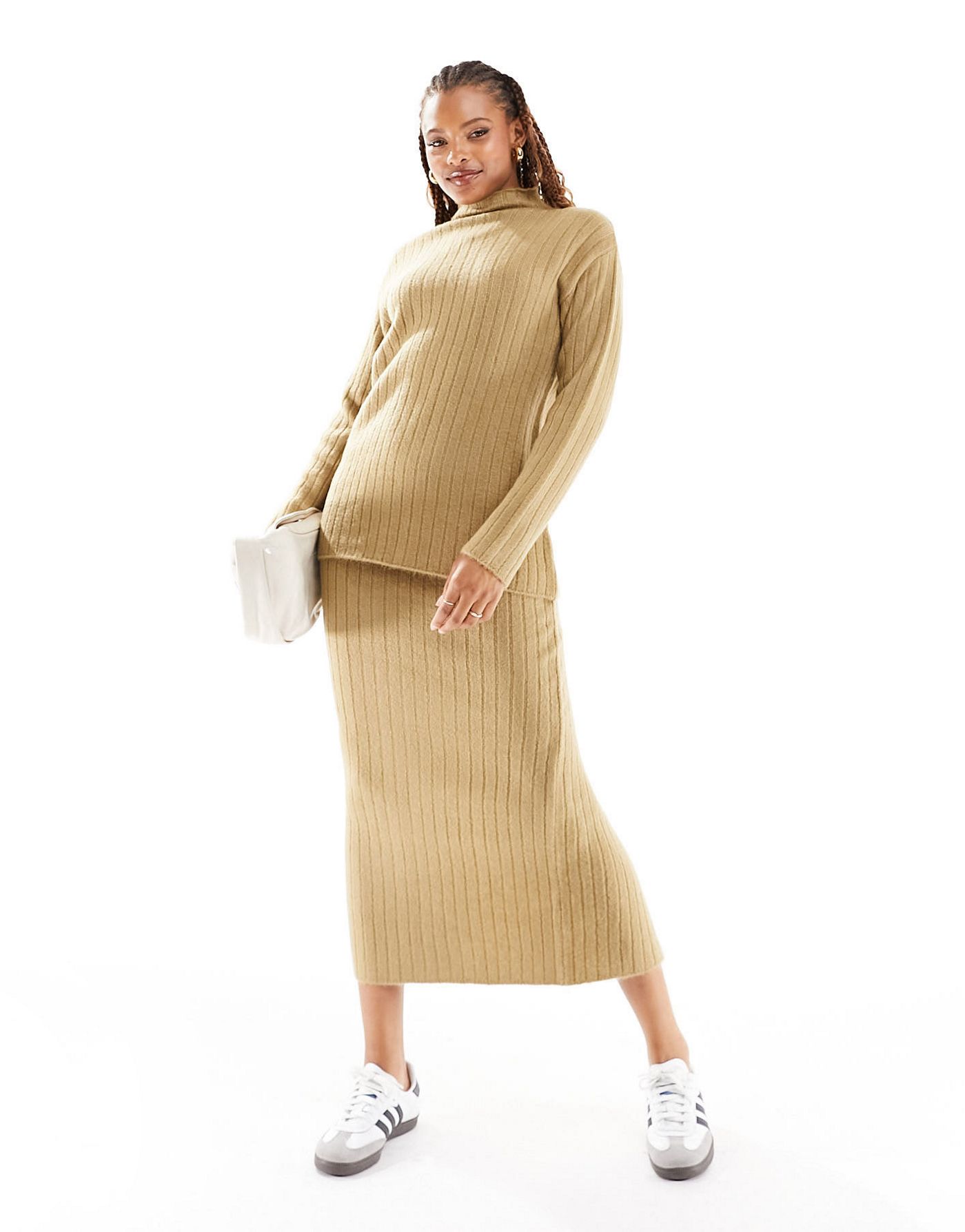 ASOS DESIGN knitted midi skirt in rib co-ord in camel