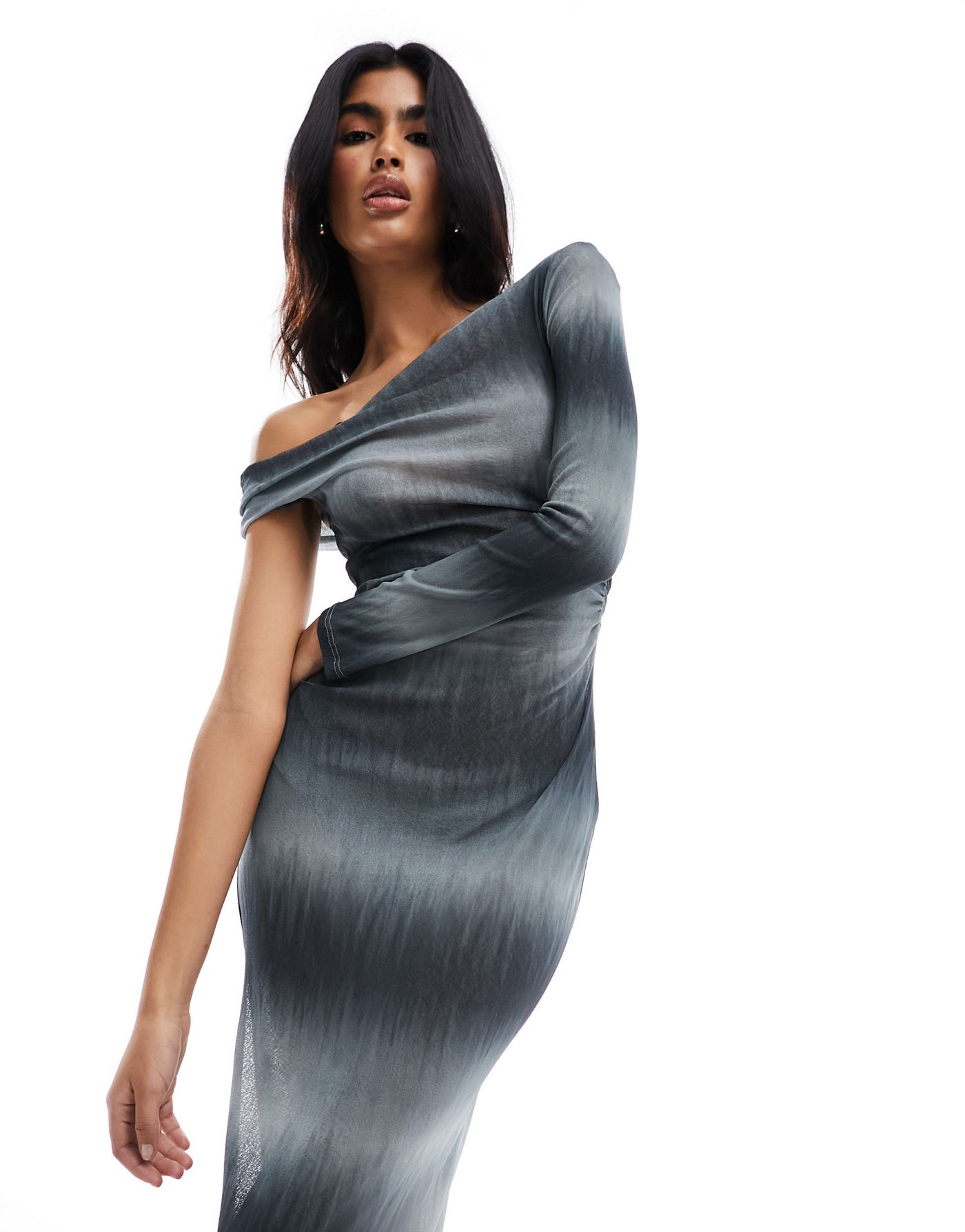 Pull&Bear one shoulder asymmetric knit maxi dress with split in grey ombre stripe