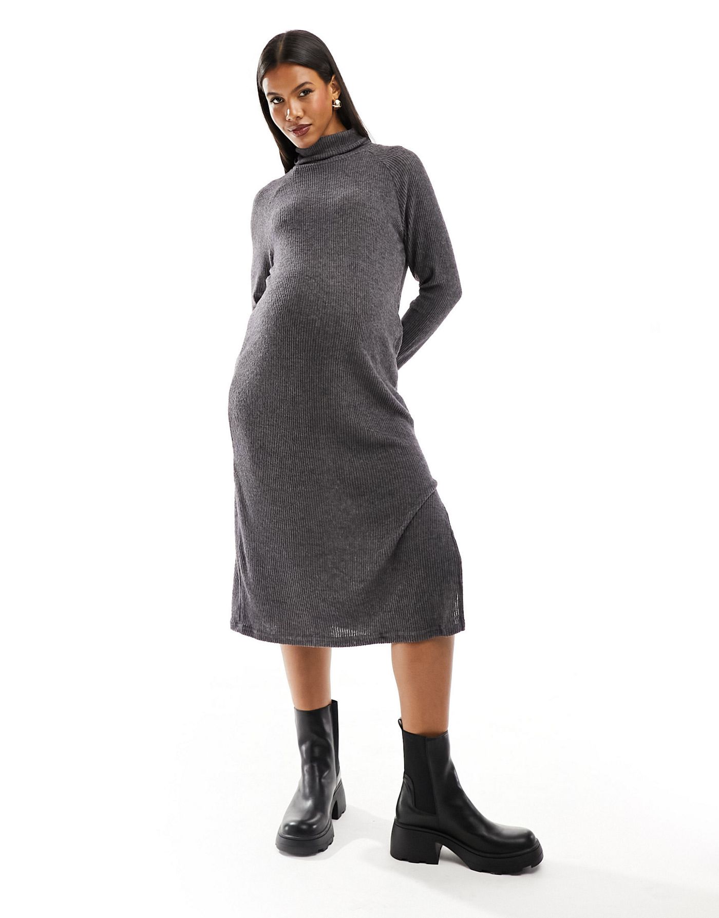 Mamalicious Maternity roll neck ribbed midi jumper dress in dark grey melange