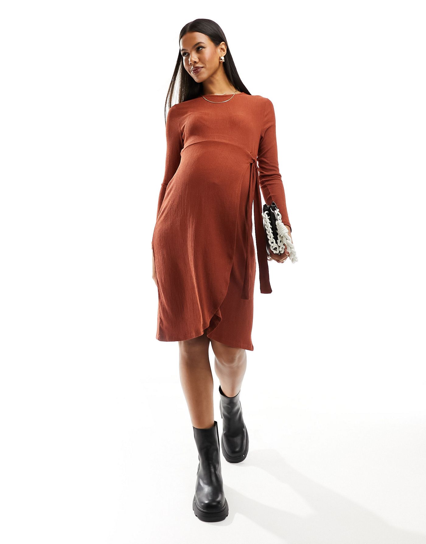 Mamalicious Maternity mini dress with wrap skirt detail in brick