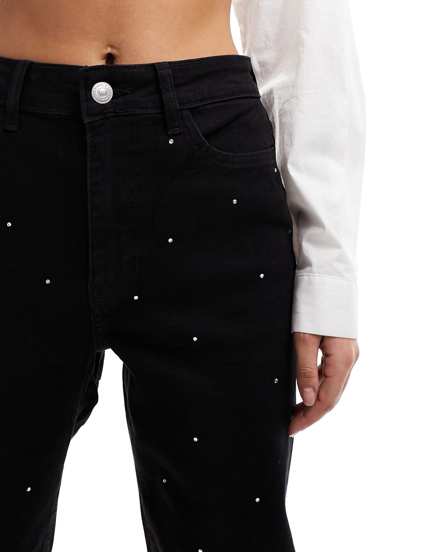 Pieces rhinestone wide leg jeans in washed black