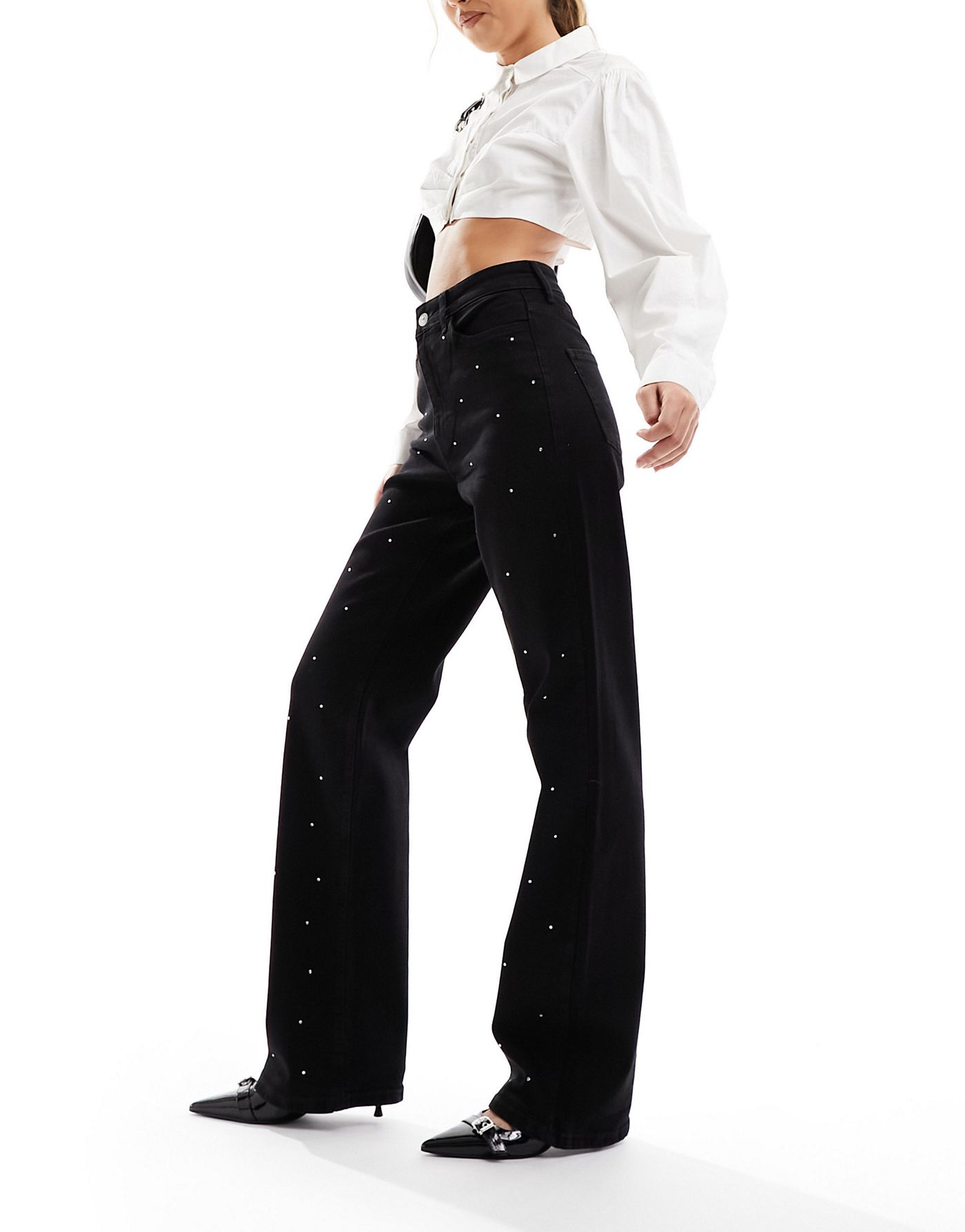 Pieces rhinestone wide leg jeans in washed black