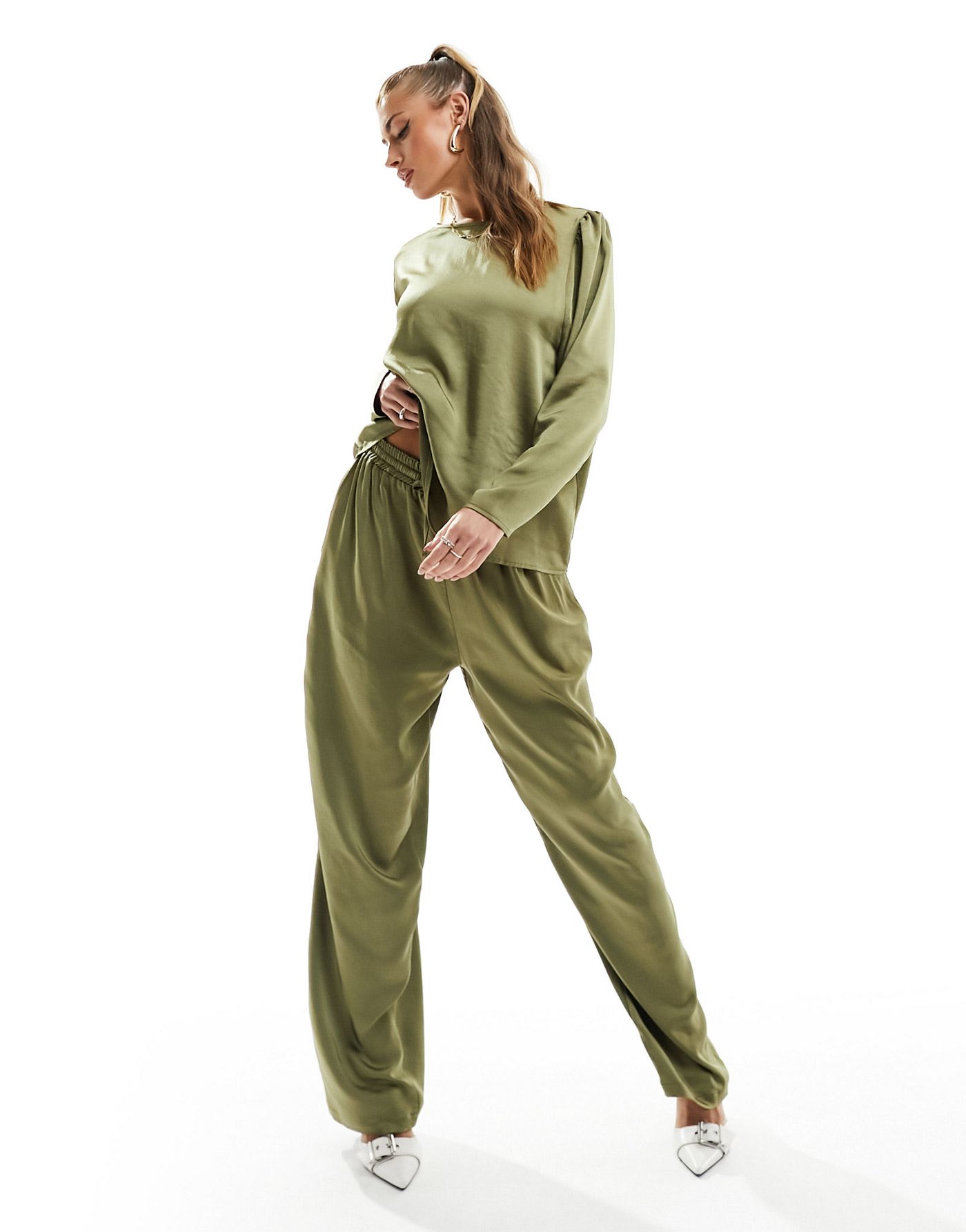 Flounce London satin floaty trousers in olive co-ord