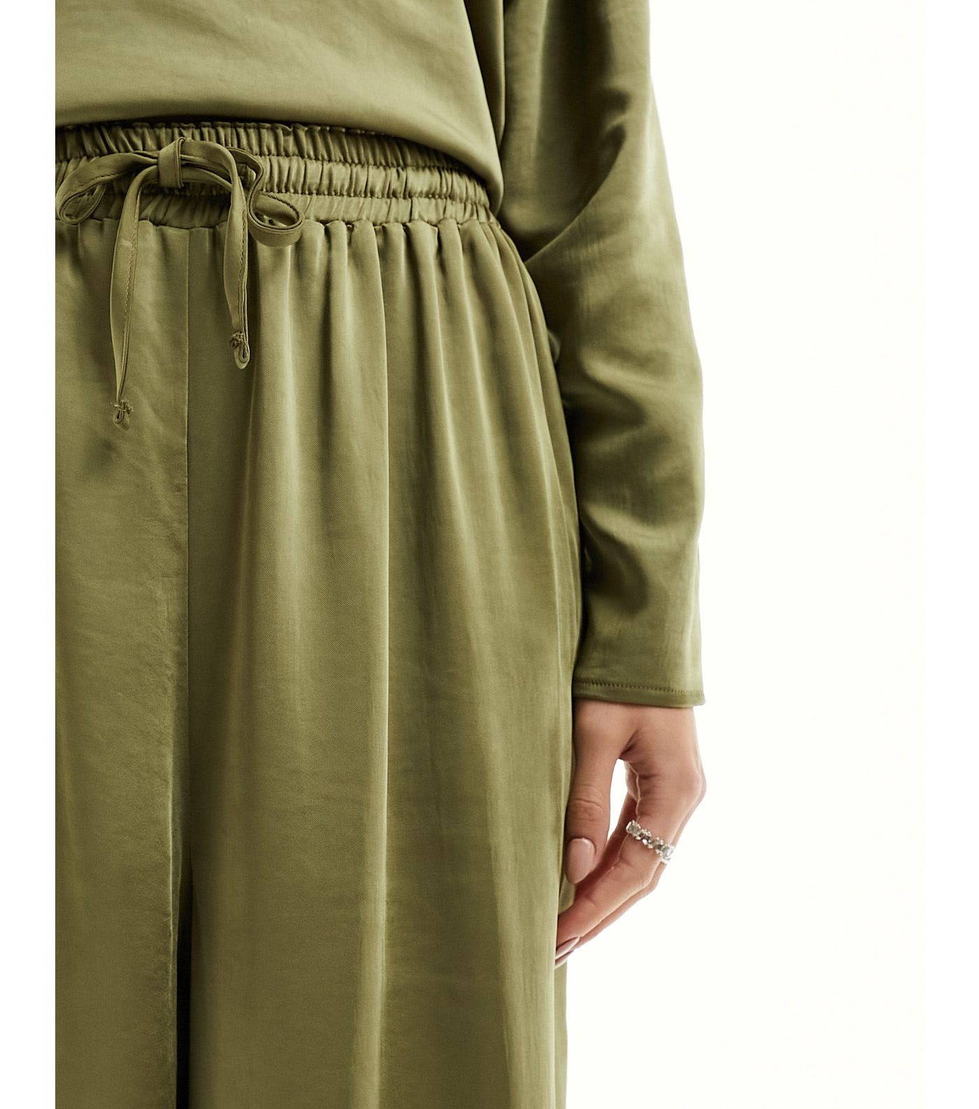 Flounce London satin floaty trousers in olive co-ord