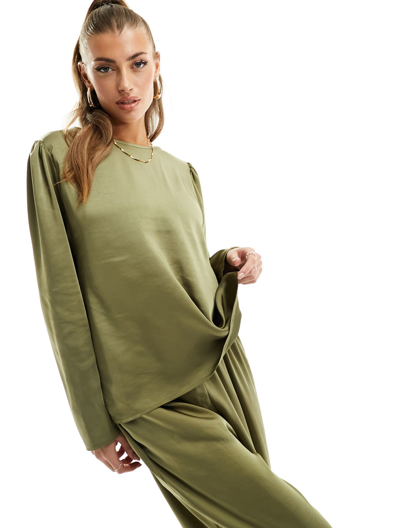 Flounce London satin oversized top in olive co-ord