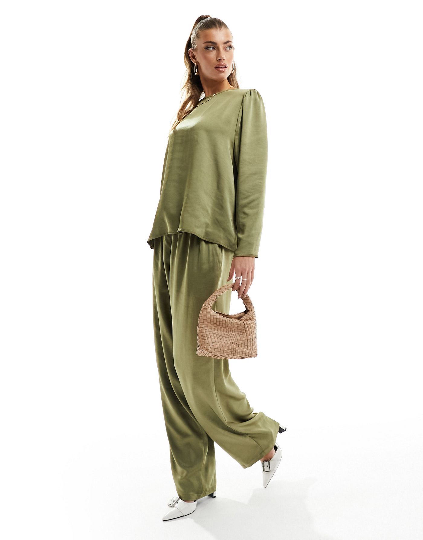 Flounce London satin oversized top in olive co-ord