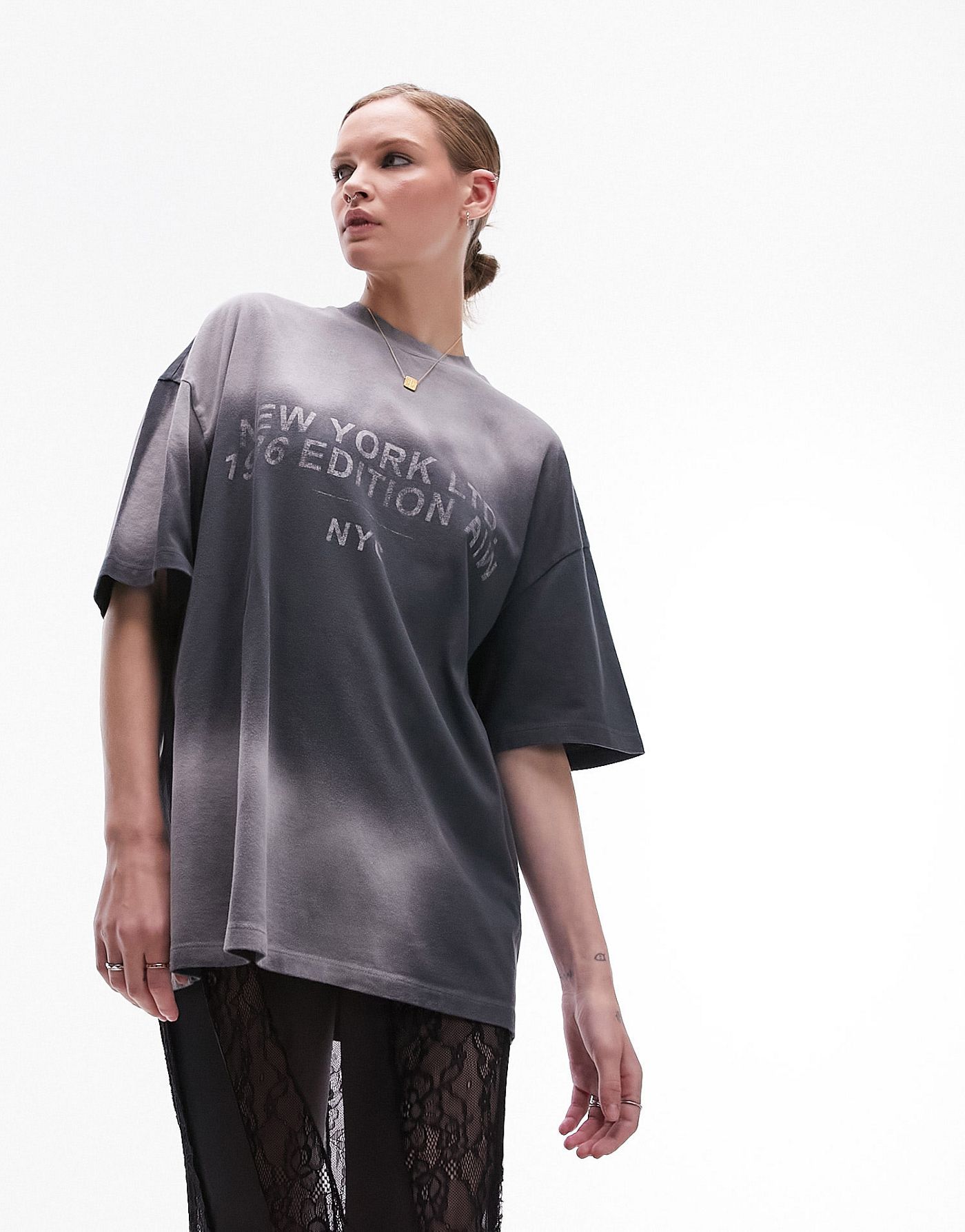Topshop graphic New York spray oversized tee in charcoal