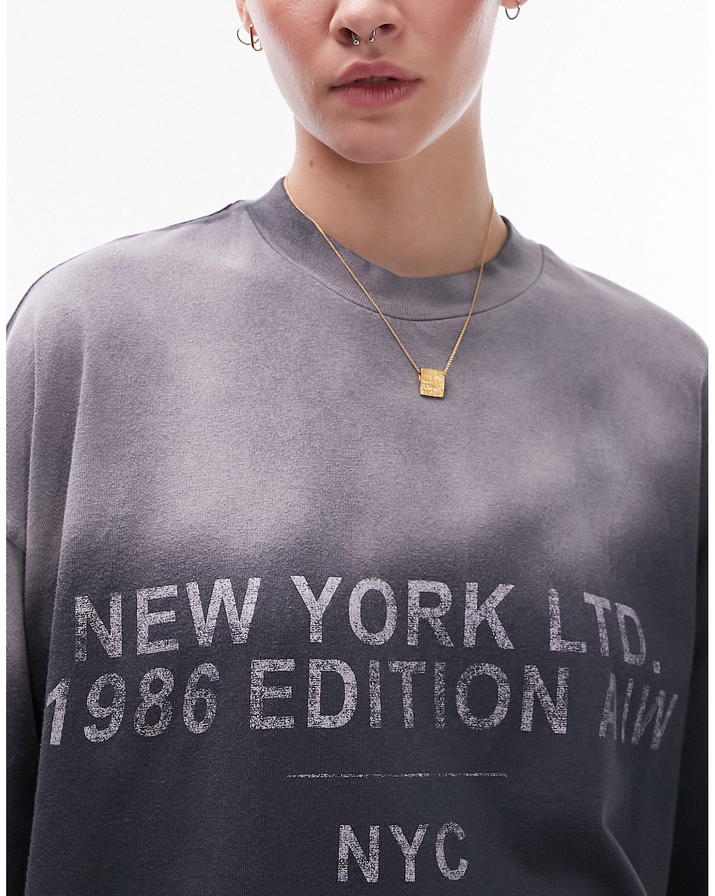 Topshop graphic New York spray oversized tee in charcoal