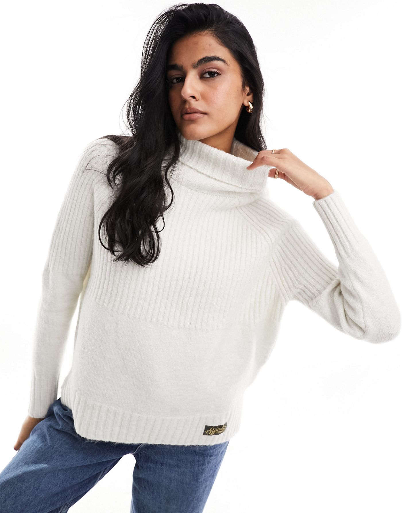 Superdry Essential rib knit rollneck jumper in ecru