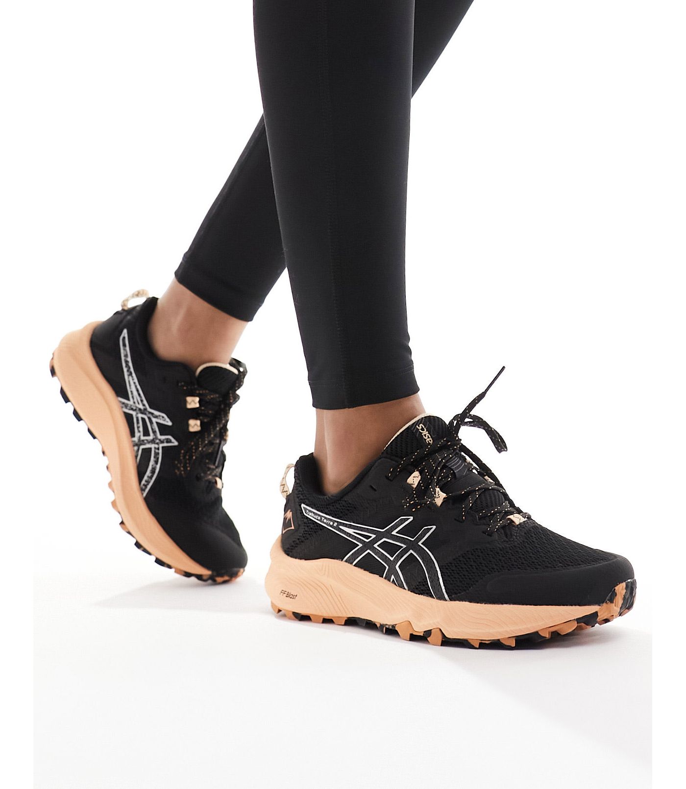 Asics Trabuco Terra 2 trail running chunky sole trainers in black and peach