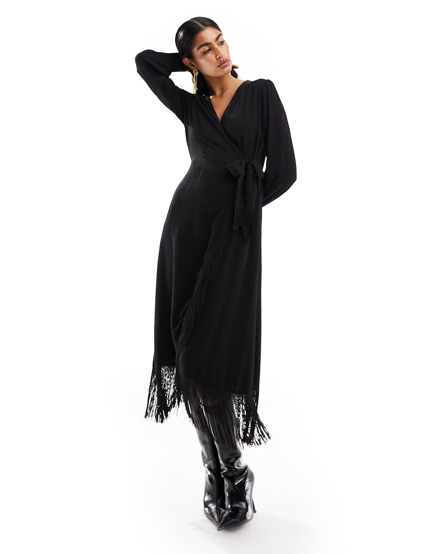 Y.A.S tassel wrap midi dress in black jacquard