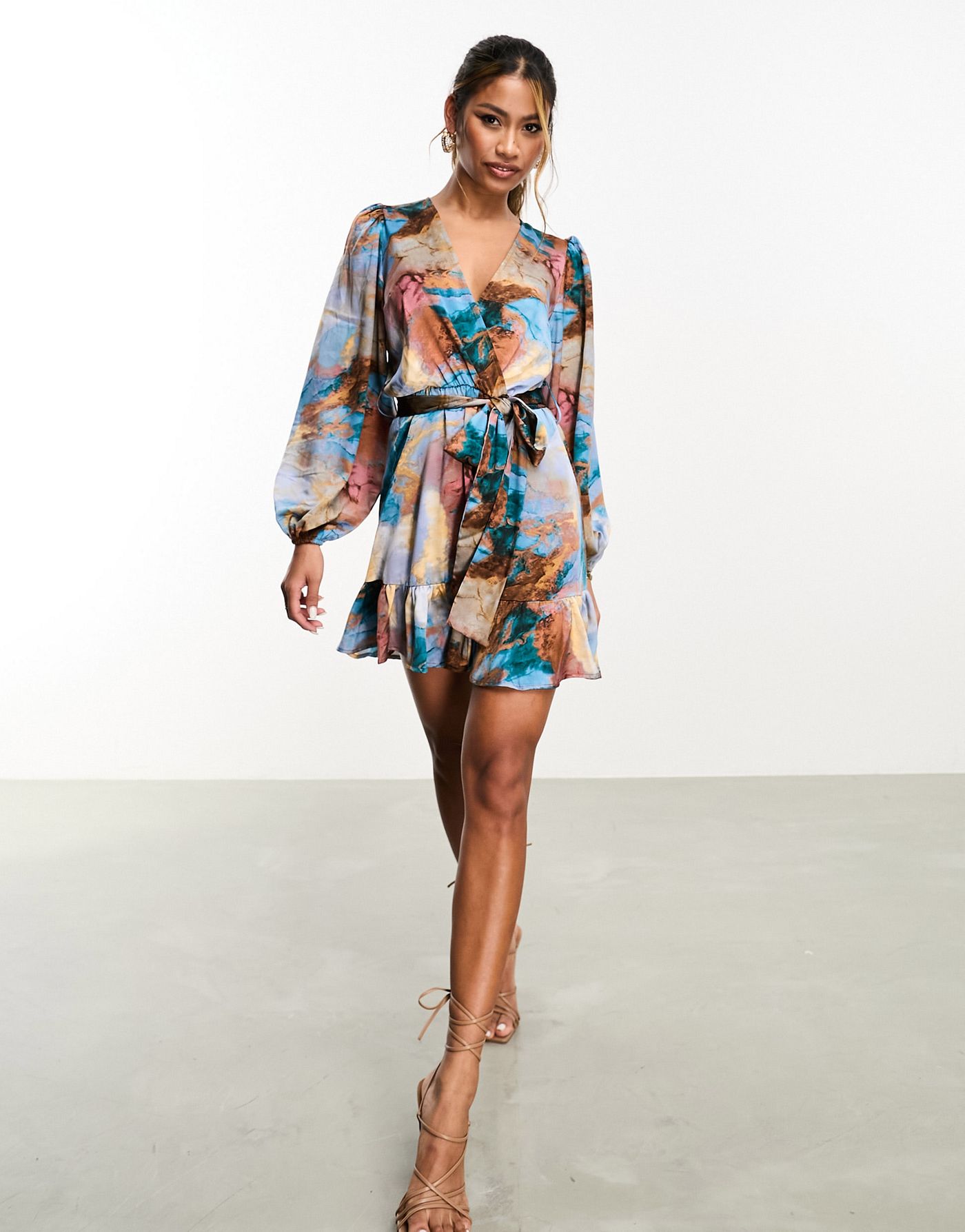 In The Style satin ruffle wrap mini dress in blue marble