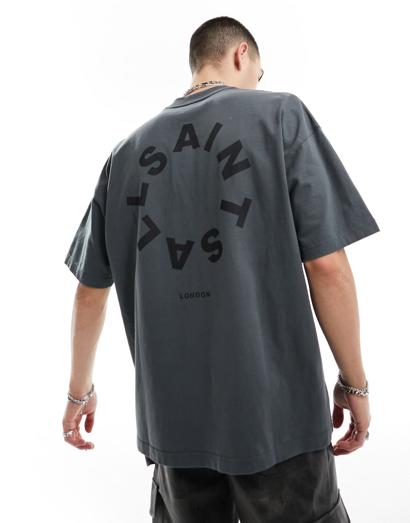 AllSaints Tierra short sleeve crew graphic t-shirt in dark grey