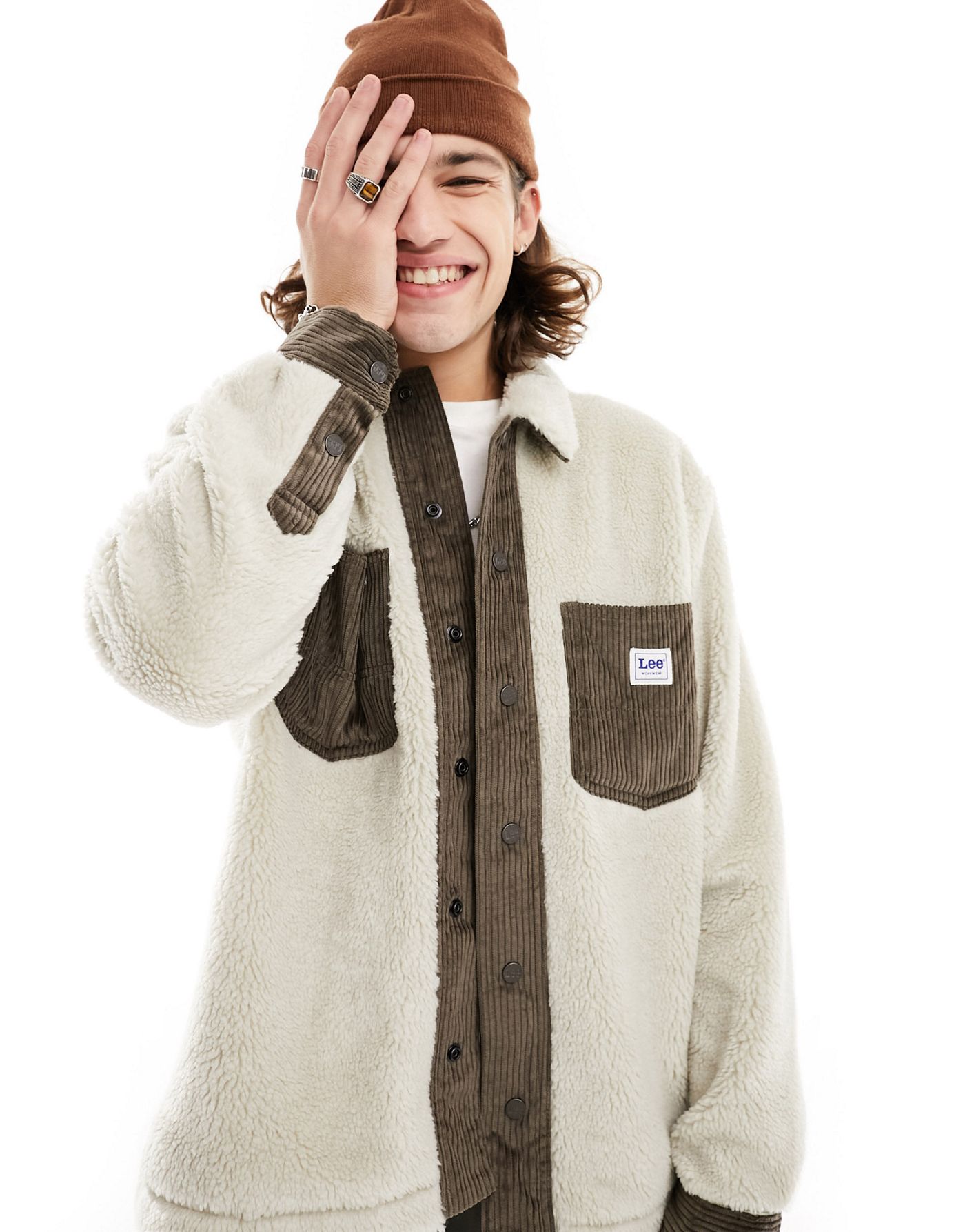 Lee borg sherpa contrast detail overshirt in ecru