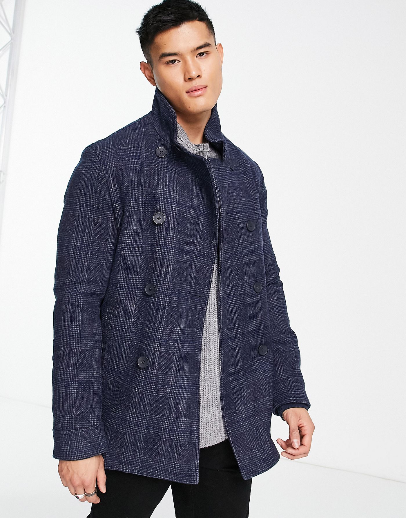 French Connection double breasted funnel coat in blue check