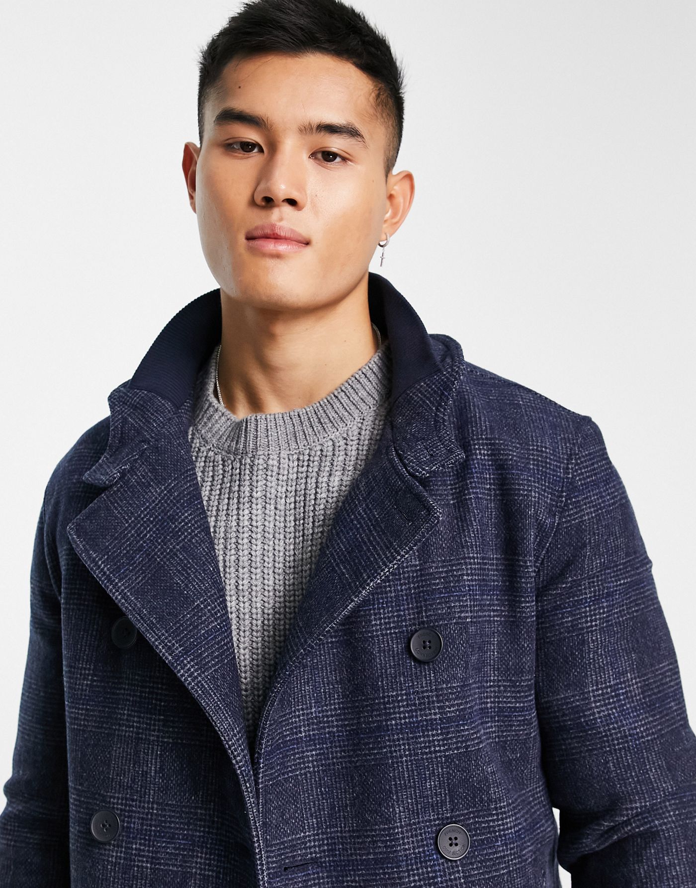 French Connection double breasted funnel coat in blue check