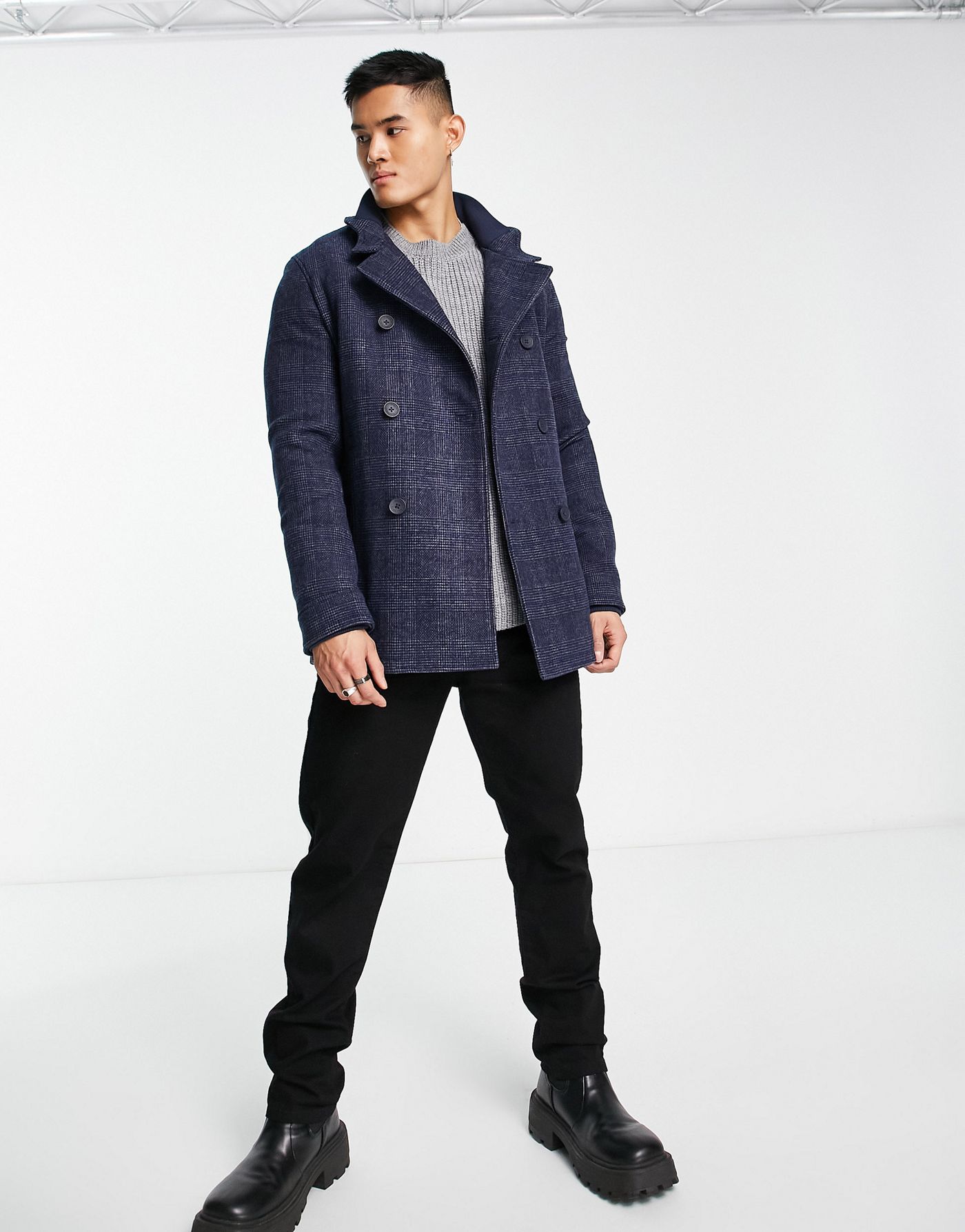 French Connection double breasted funnel coat in blue check